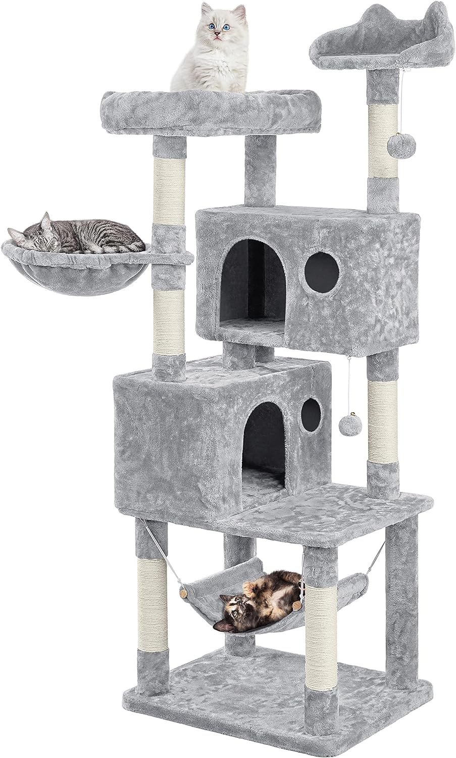 Yaheetech 64.5in Extra Large Multi-Level Cat Tree Kittens Play House Condo with Platform, Perch Hammock & Scratching Posts, Light Gray