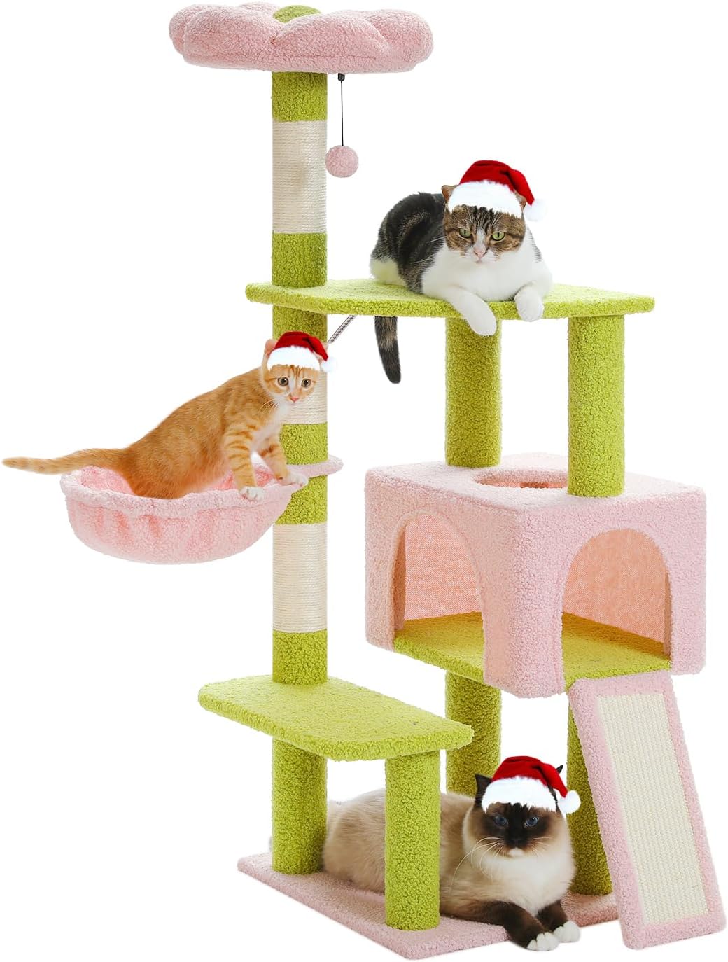 Flower Cat Tree 47.2 Multi-Level Cat Tower with Sisal Covered Scratching Posts, Cute Cat Condo for Indoor Small Medium Cats, Pink Top Perch, Ramp, Fluffy Ball, Pink