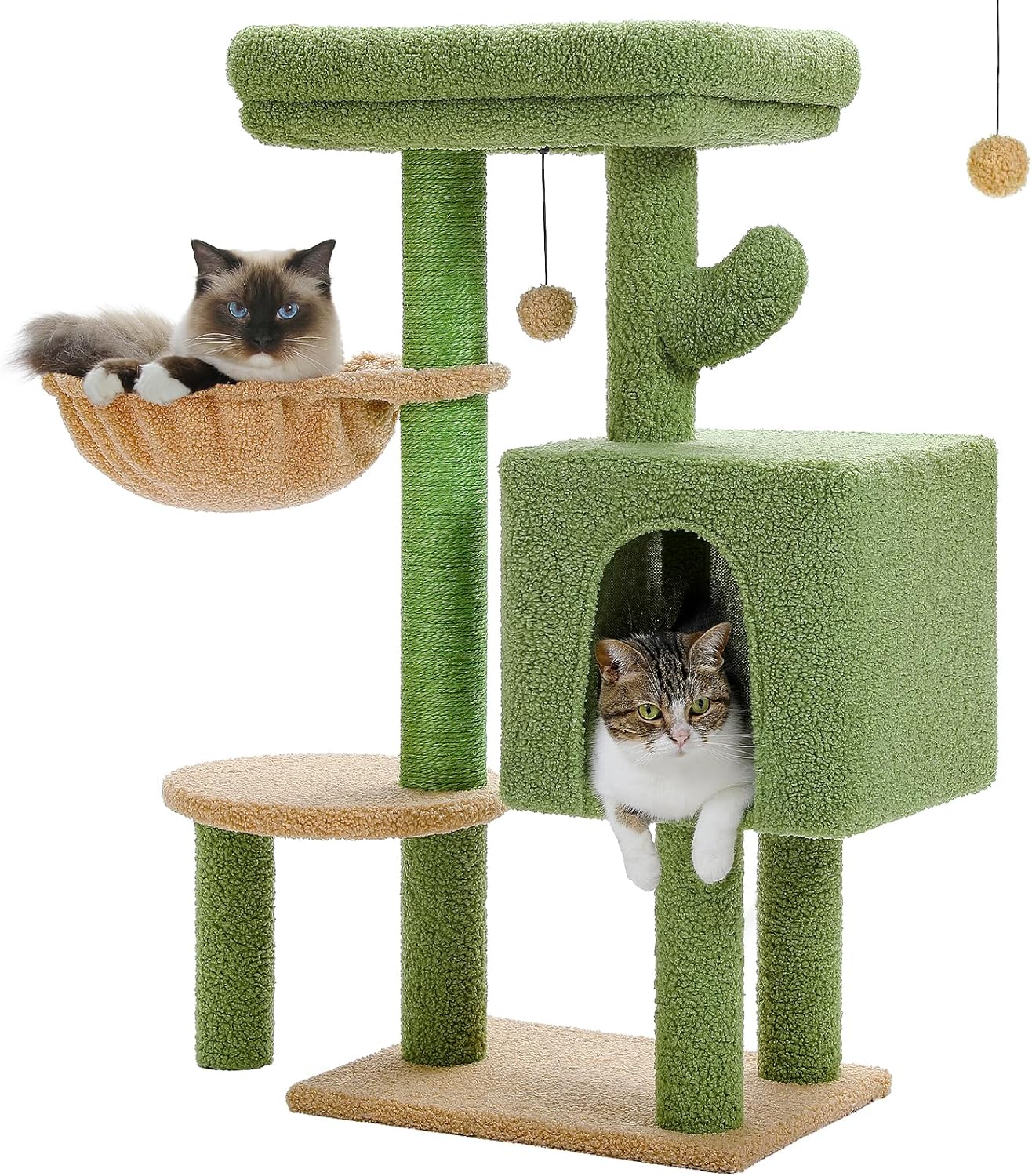 Cactus Cat Tree 35.4 Cute Cat Tower Cat Condo for Indoor Cats w/Large Padded Perch, Comfy Hammock, Cat Scratching Post, and Dangling Ball, for Small-Medium Cats, Green