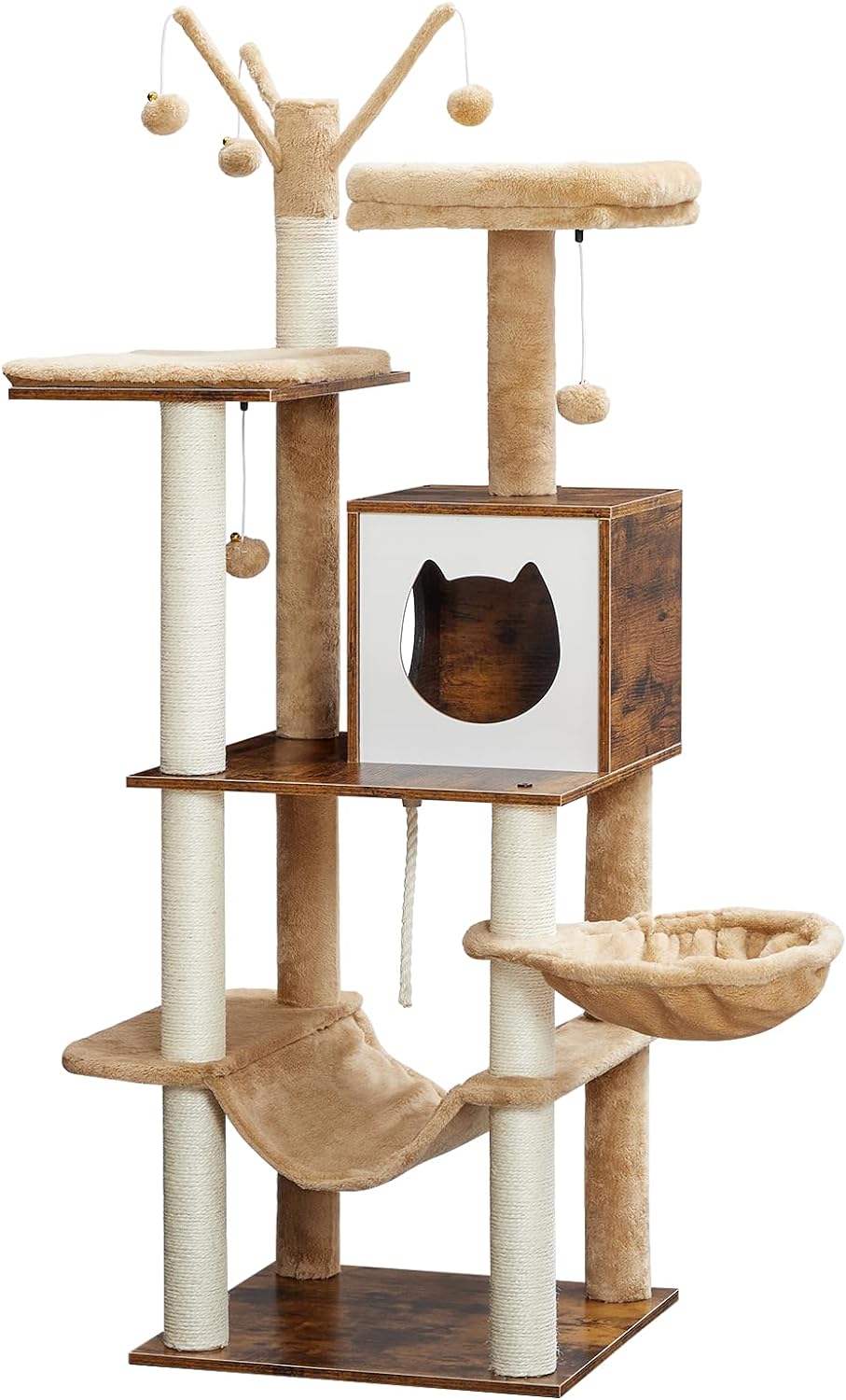 Cat Tree, 58.3 Inches Cat Tower for Indoor Cats, Wooden Cat House with 2 Cat Hammocks, Modern Cat Condo with Cat Scratching Posts, Cat Teaser Sticks, Soft Perches, Rustic Brown FG48CT03