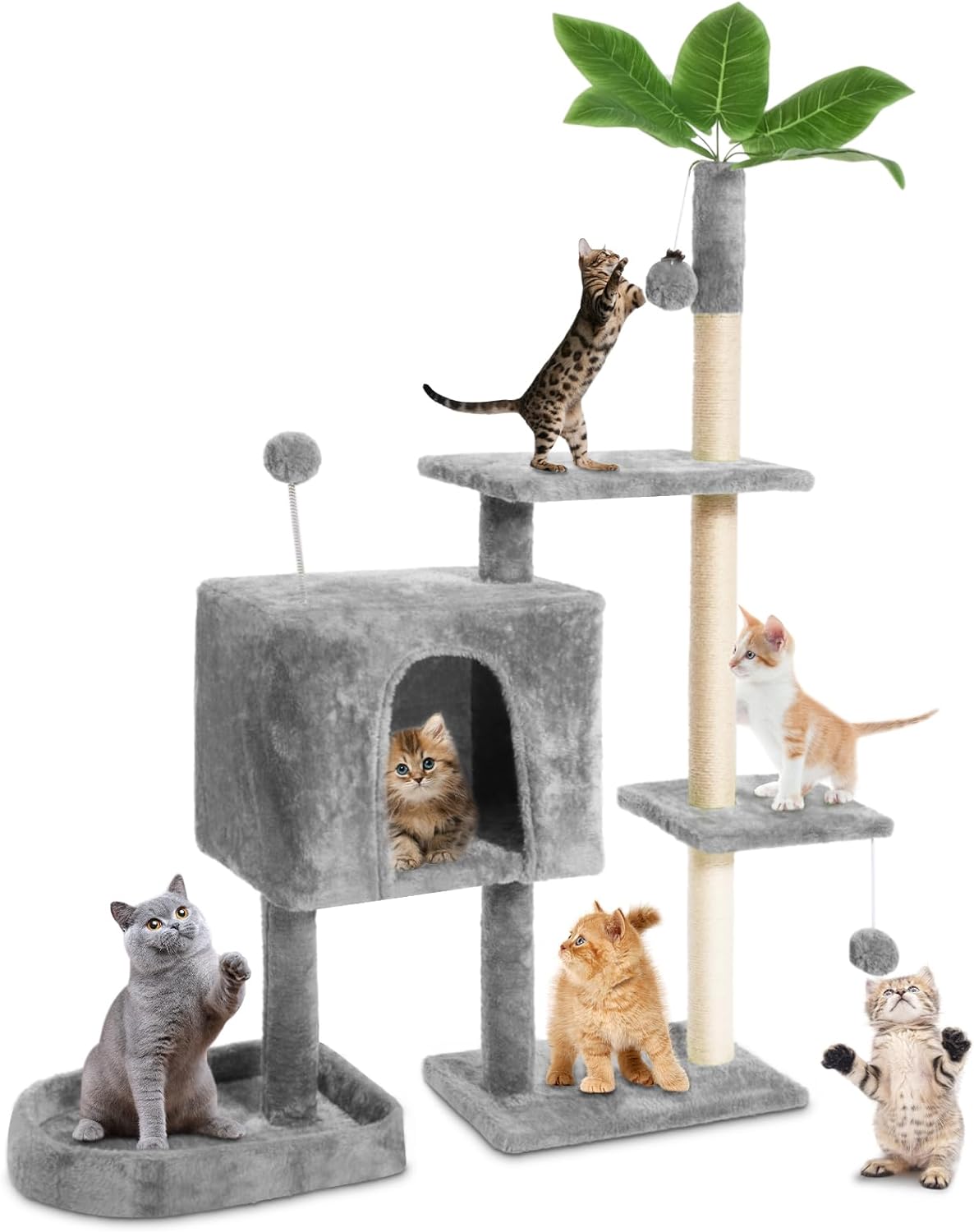 52 Cat Tree Cat Tower for Indoor Cats with Green Leaves, Multi-Level Cozy Plush Cat Condo Cat House Scratching Posts for All Breeds Sizes