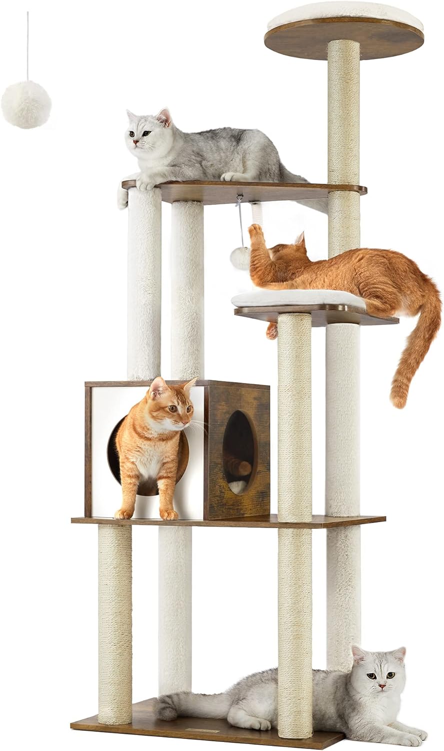 Feandrea WoodyWonders Cat Tree, 65-Inch Modern Cat Tower for Indoor Cats, Multi-Level Cat Condo with 5 Scratching Posts, Perch, Washable Removable Cushions, Cat Furniture, Rustic Brown UPCT166X01