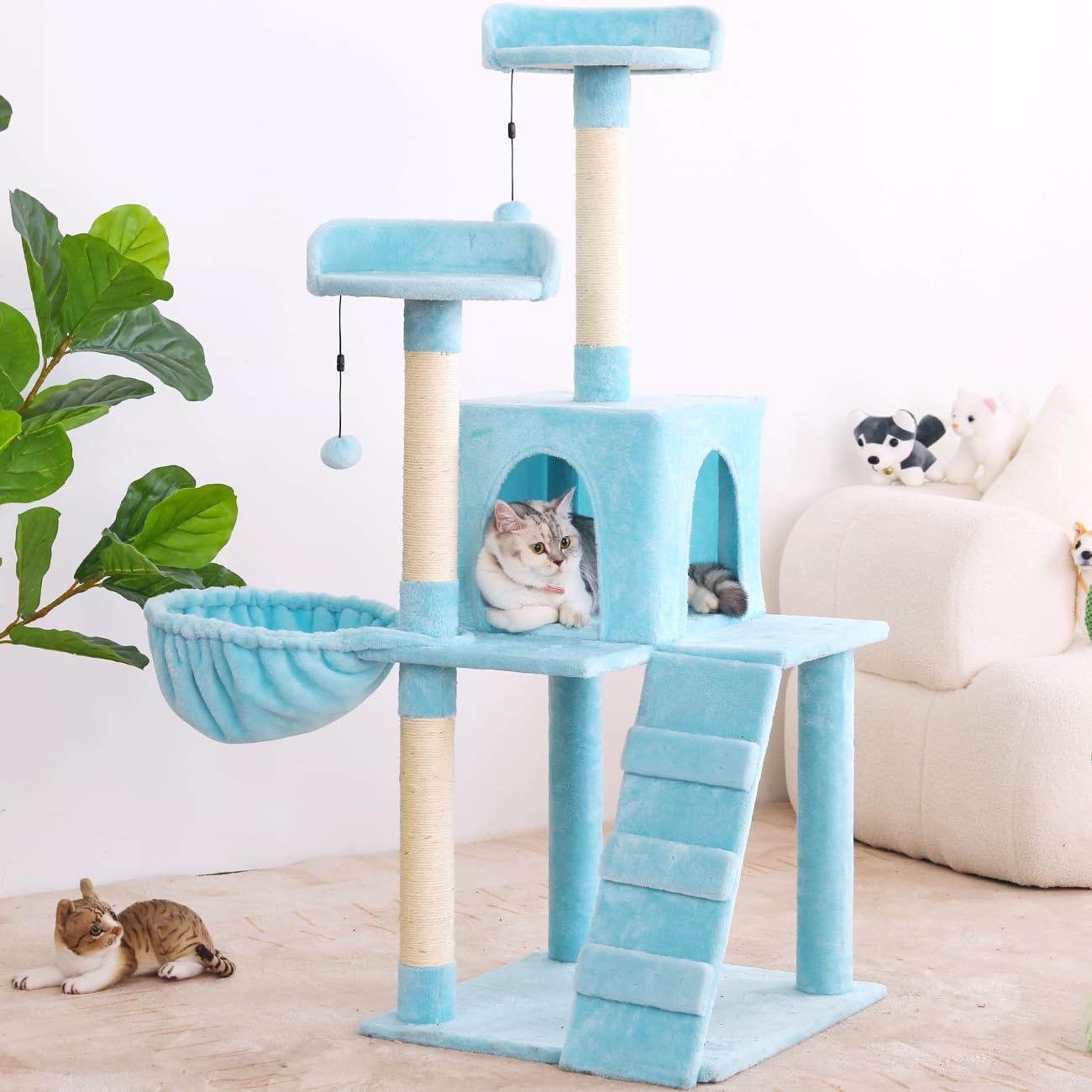 54in Cat Tree Cat Tower Condo Furniture Scratch Post with Natural Sisal Rope, Hammock & Cradle for Cats Kittens, Tall Cat Climbing Stand with Plush Perch & Toys (Azure)