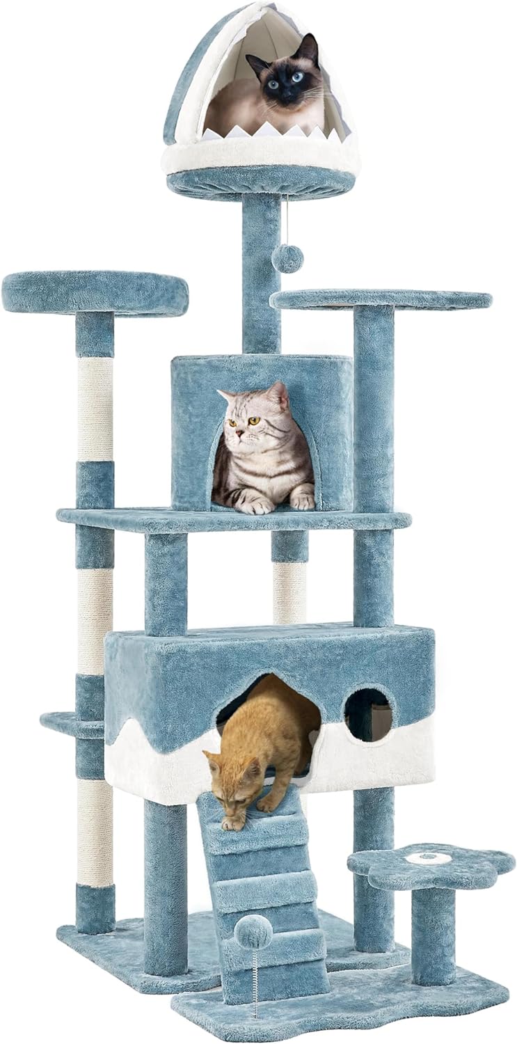 Yaheetech Cat Tree, 72.5inch Ocean-Themed Cat Tree Tower, Multi-Level Large Cat Tree for Indoor Cats with Shark' Mouth Bed & 2 Big Condos & 2 Wide Perches & Funny Toys, Blue & White