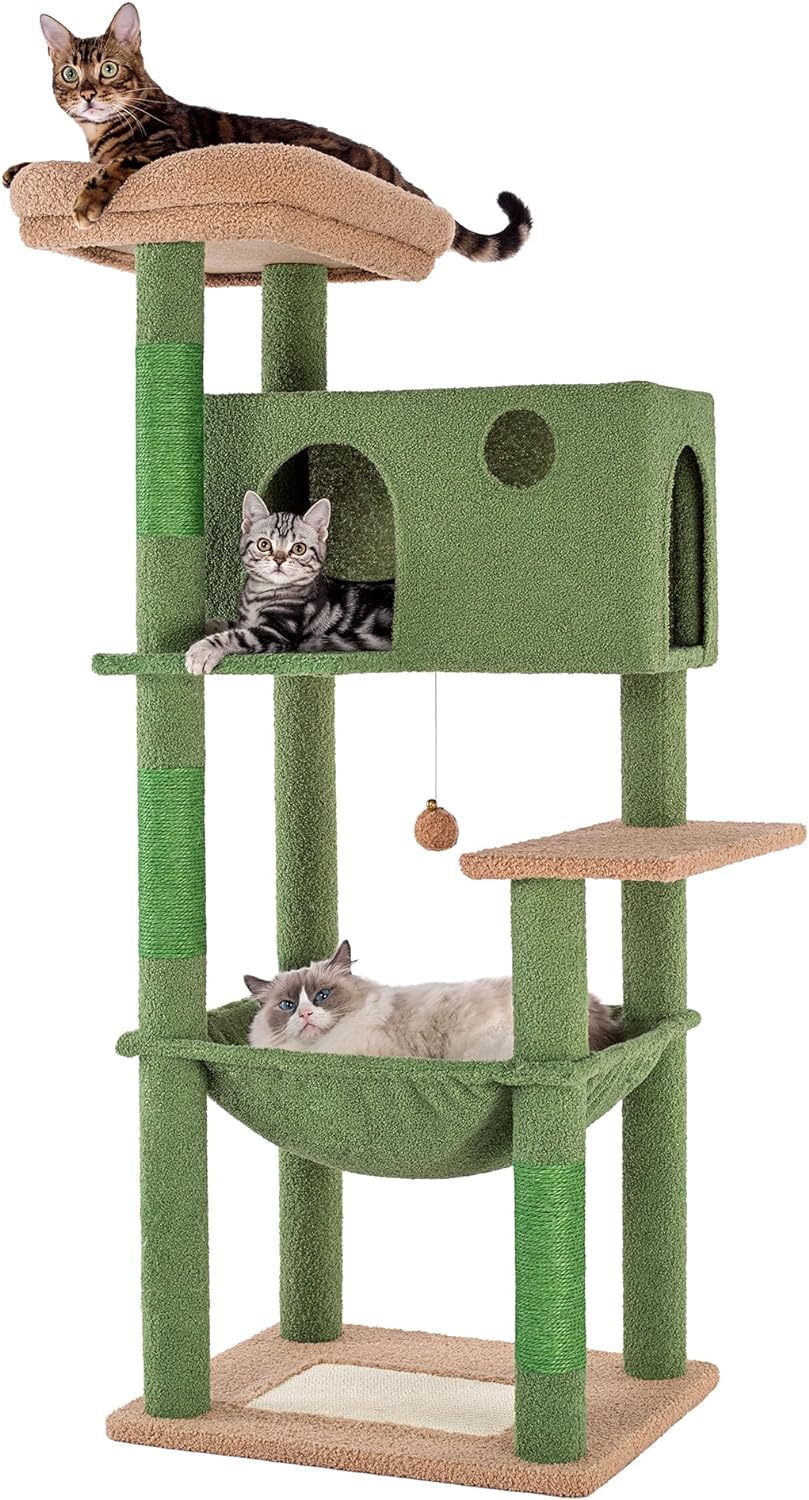 Cactus Cat Tree for Large Cats 53 Inches Multilevel Cat Tower with Large Hammock Super Spacious Condo and Wide Padded Perch Scratching Posts and Pad for Indoor Cats-Large Cactus