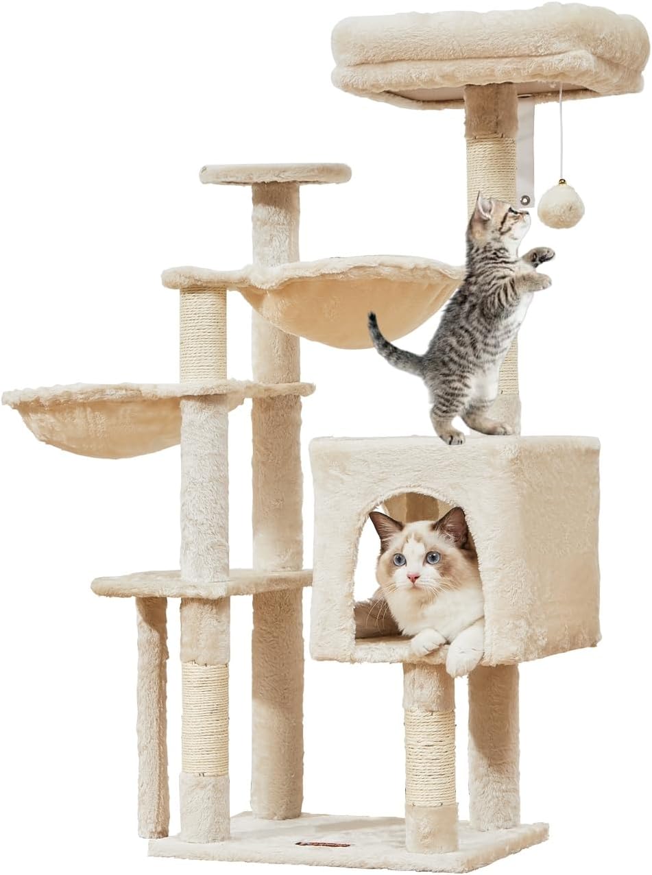 Cat Tree, 39.4-Inch Cat Tower for Indoor Cats,Suitable for Kittens,Plush Cat Condo with 5 Scratching Posts, Plush Perch,2 Hammock,Pompoms, MS019M Beige