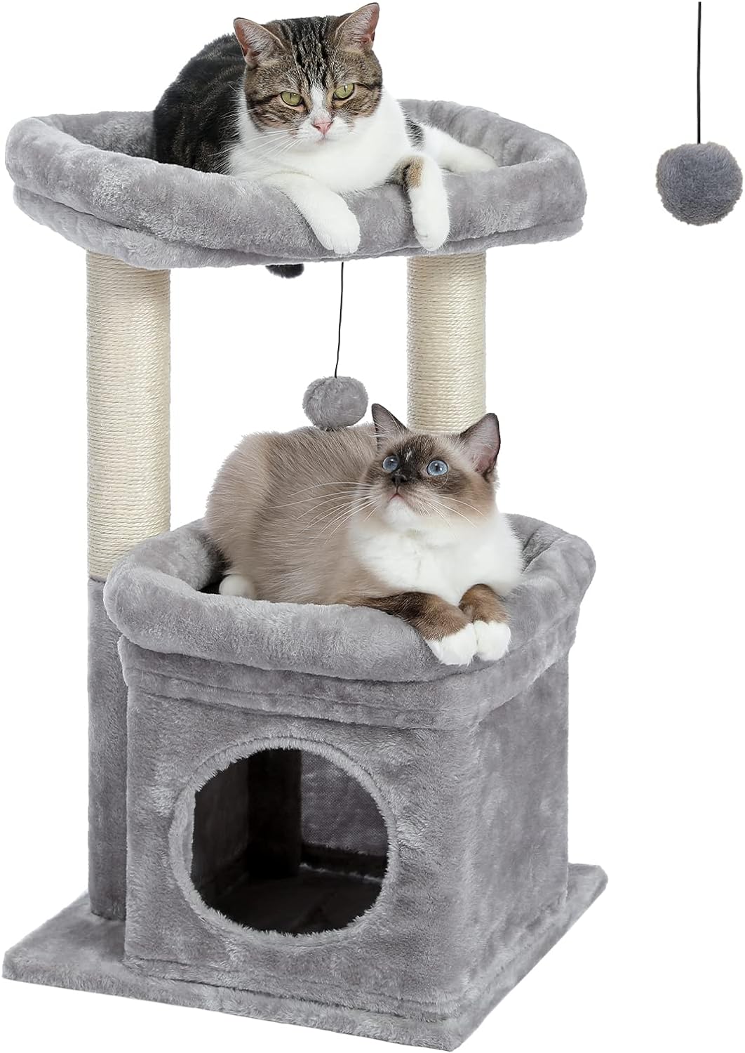 PEQULTI Cat Tree Tower for Indoor Cats with Private Cozy Cat Condo, Natural Sisal Scratching Posts and Plush Pom-pom for Small Cats