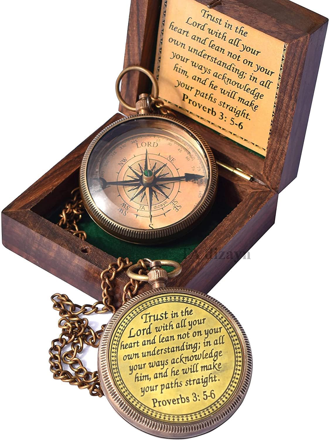 Trust in The Lord with All Your Heart -Proverbs 3: 5-6 Quote Engraved Compass with Wooden Box, Greeting Card, Gift Compass, 2023 Graduation Day Gifts- Baptism Gifts Compass for Women Mens Boy Girls