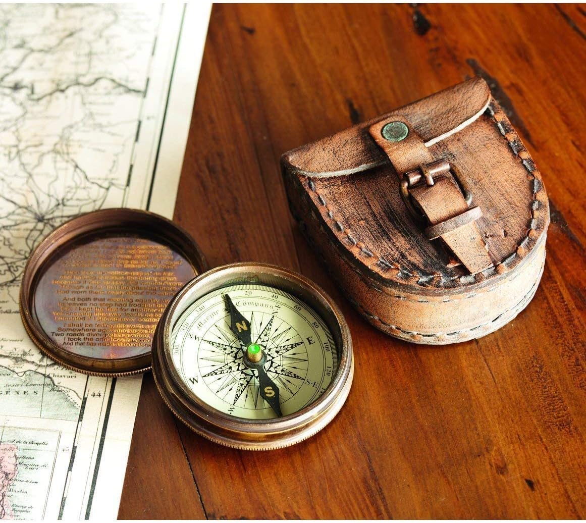 Antiqued Brass Poem Compass with Leather Case