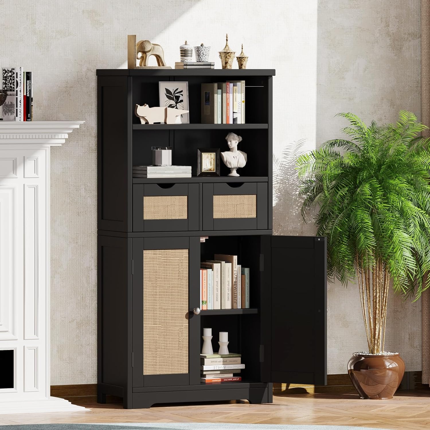 Irontar Rattan Bathroom Cabinet, Kitchen Pantry Cabinet with 2 Removable Drawers, Bathroom Storage Cabinet with 2 Doors and Adjustable Shelf, Large Display Cabinet, Black and Natural CWG009BM