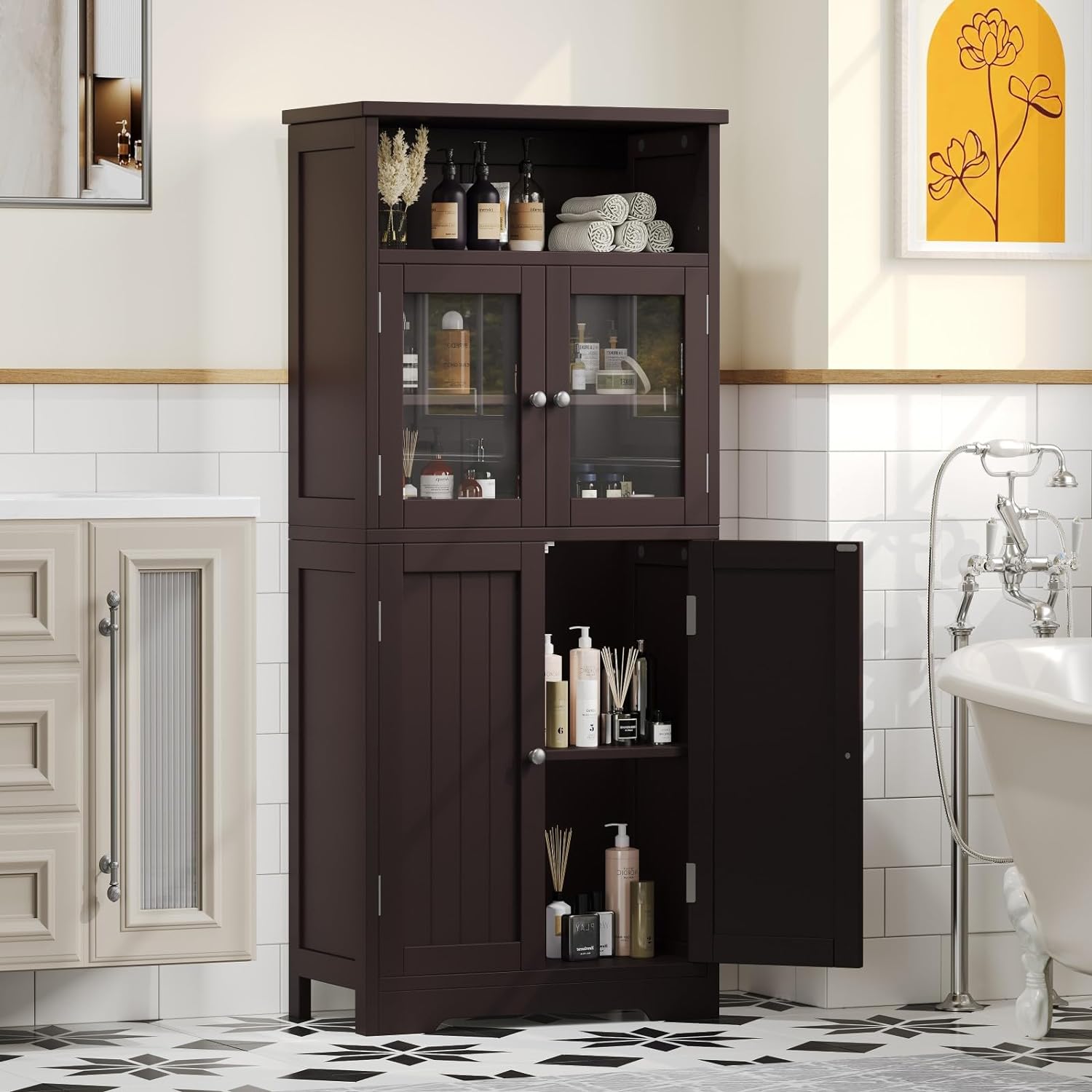 Irontar 50.4''H Bathroom Storage Cabinet, Freestanding Bathroom Cabinet with Open Storage, Kitchen Pantry Cabinet with Doors for Living Room, Bathroom Floor Cabinet, Brown CWG007Z