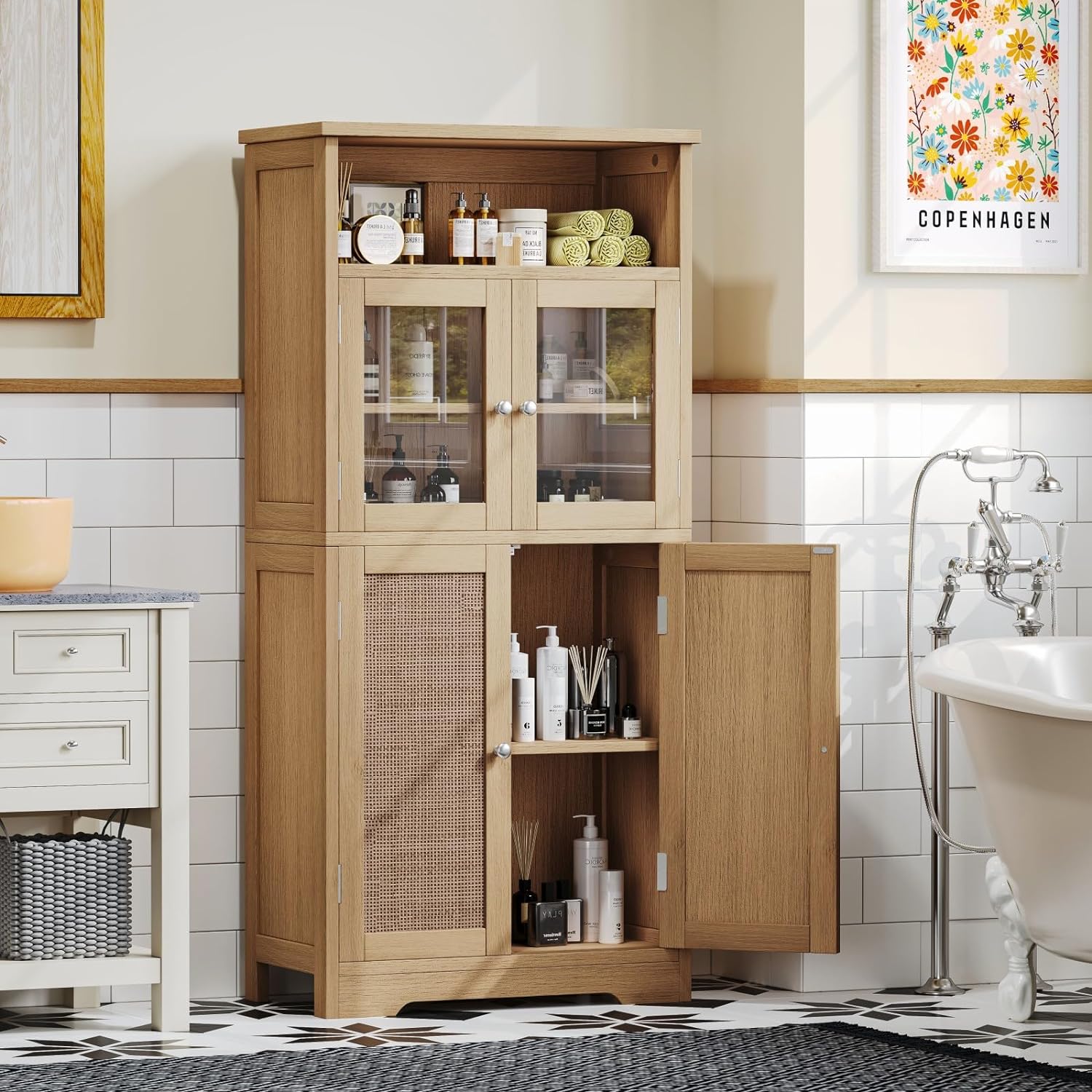 Irontar 50.4''H Rattan Bathroom Cabinet, Freestanding Storage Cabinet with Open Storage and Rattan Decorated Doors, Kitchen Pantry Cabinet, Bathroom Floor Cabinet, Natural CWG007M