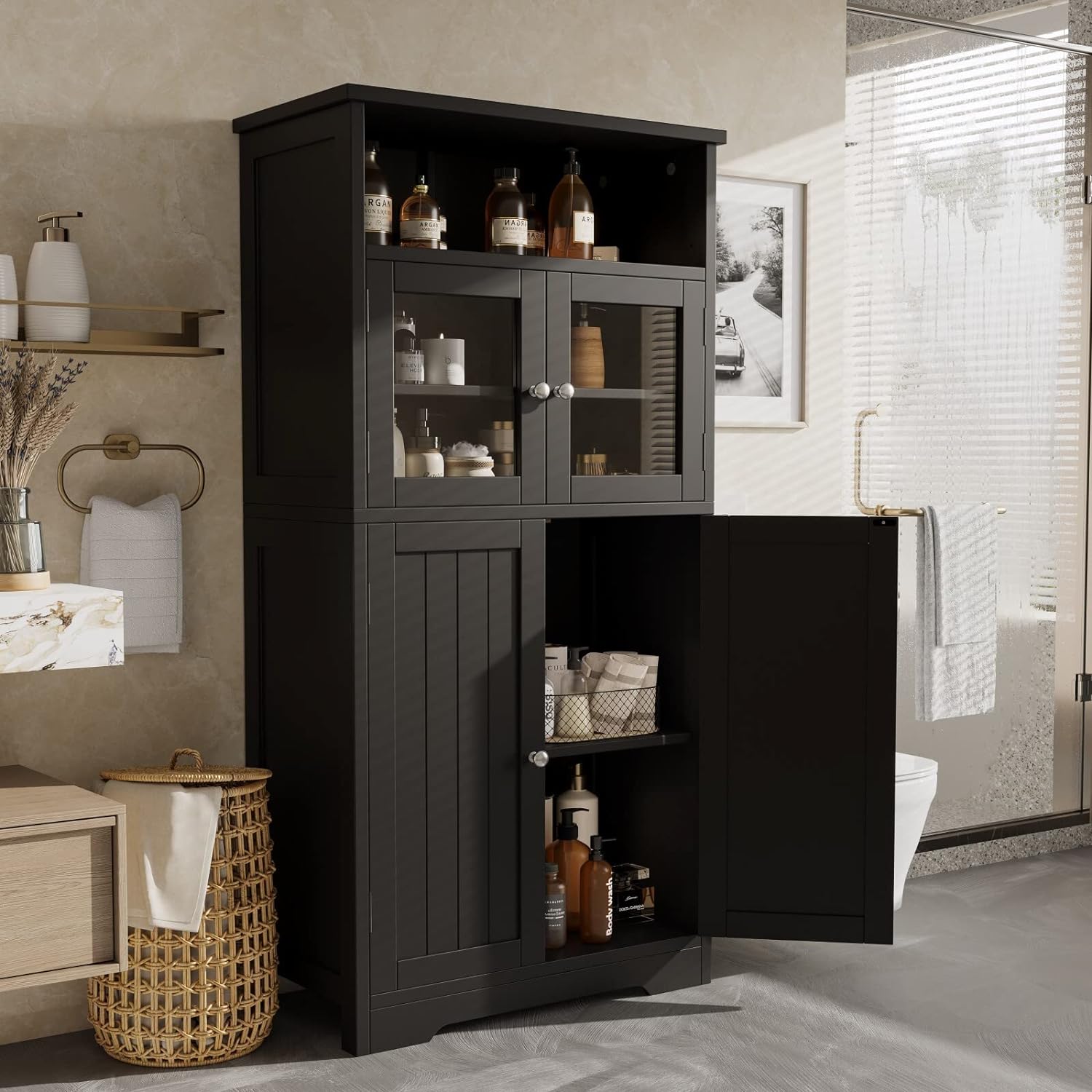 Irontar 50.4''H Bathroom Storage Cabinet, Freestanding Bathroom Cabinet with Open Storage, Kitchen Pantry Cabinet with Doors for Living Room, Bathroom Floor Cabinet, Black CWG007B