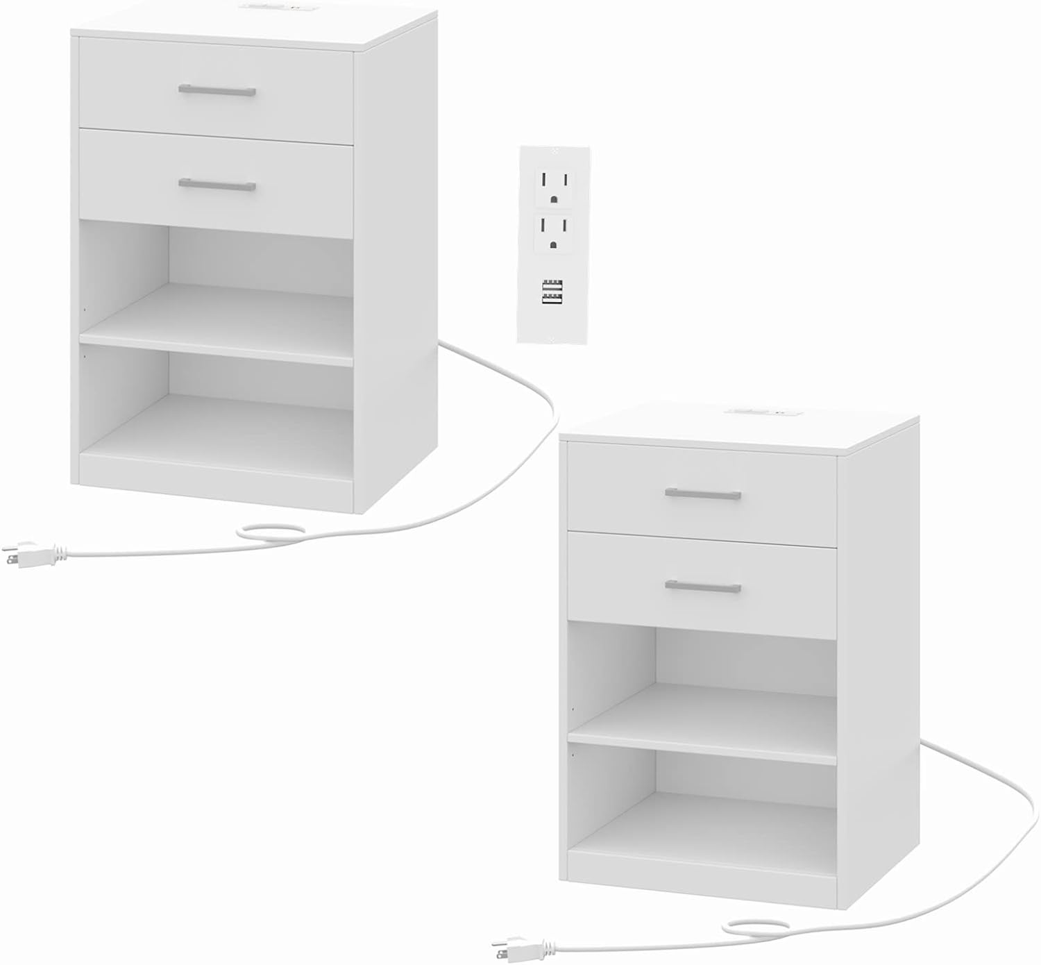 Irontar Nightstands Set of 2, Nightstand with Charging Station, Bedside Table with Removable Shelf, Side Table with Open Storage and 2 Drawers, Night Stand for Bedroom, White BZZ001WE02