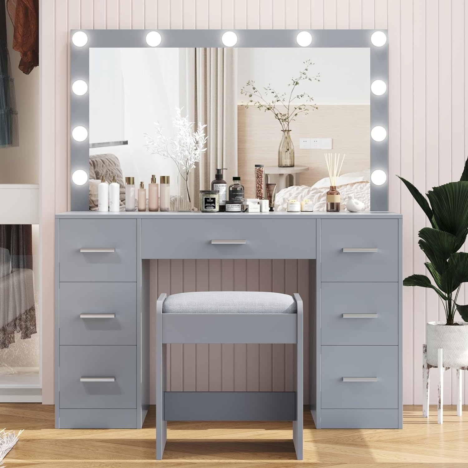 Irontar Vanity Desk with Stool, Makeup Table with Lighted Mirror, 3 Color Lighting Modes, Brightness Adjustable, Dressing Table with Drawers, Vanity Table Set for Women, Girls, Gray WDT004GD