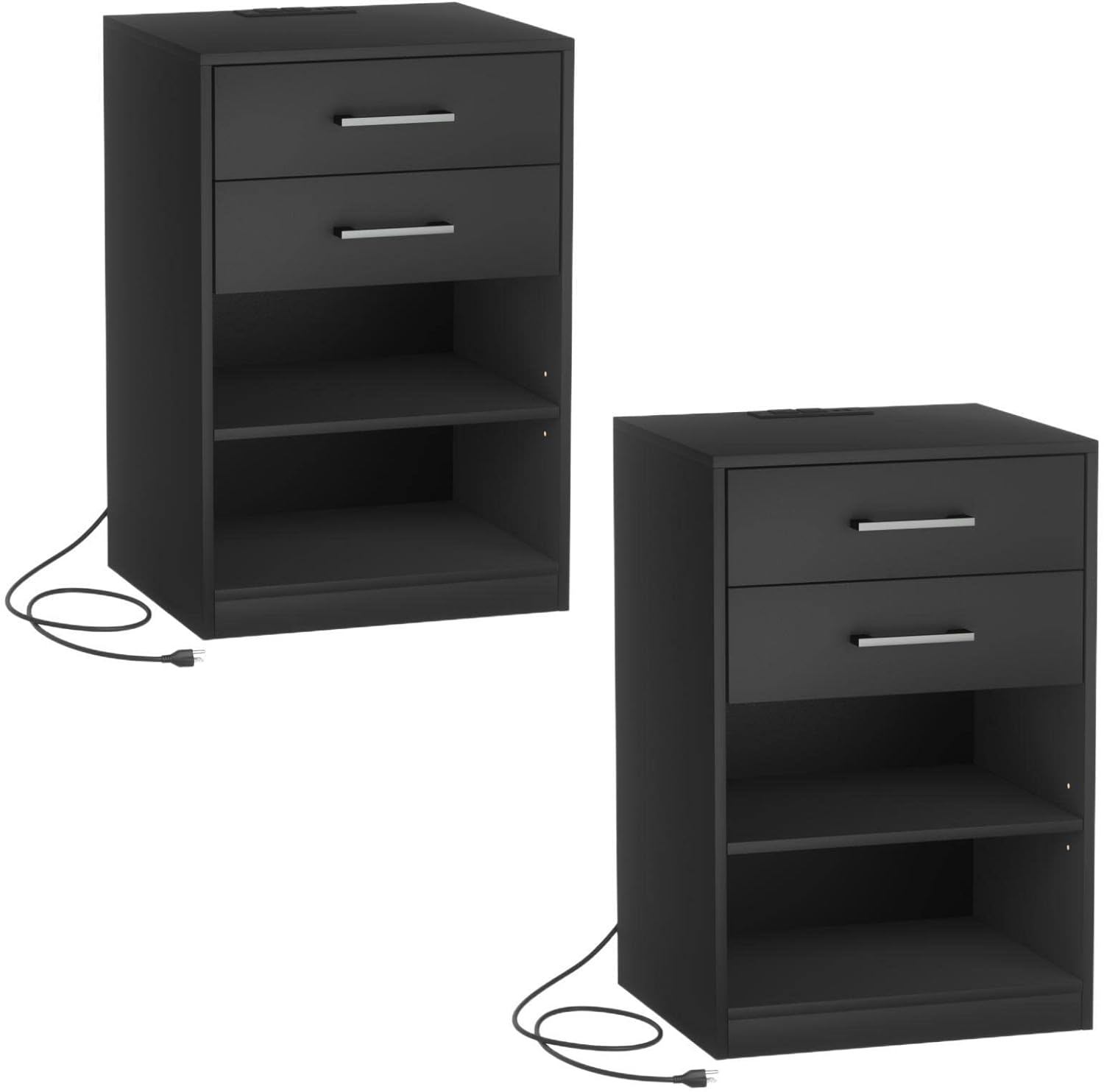 Irontar Nightstands Set of 2, Night Stand with Charging Station, Bedside Table with Removable Shelf, End Table with Open Storage, 2 Drawers Small Dresser for Bedroom, Black BZZ001BE02