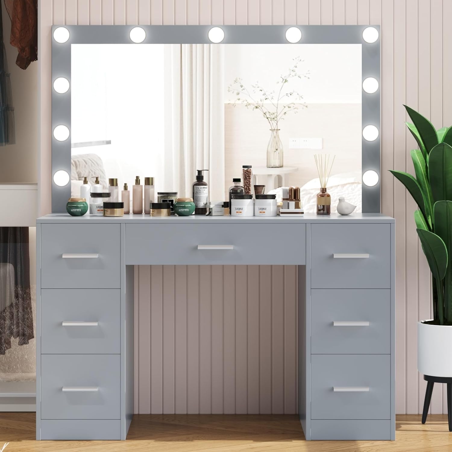 Irontar Vanity Table, Makeup Table with Lighted Mirror, 3 Color Lighting Modes, Brightness Adjustable, Dressing Table with Drawers, Vanity Desk for Women, Girls, Gray WDT004G