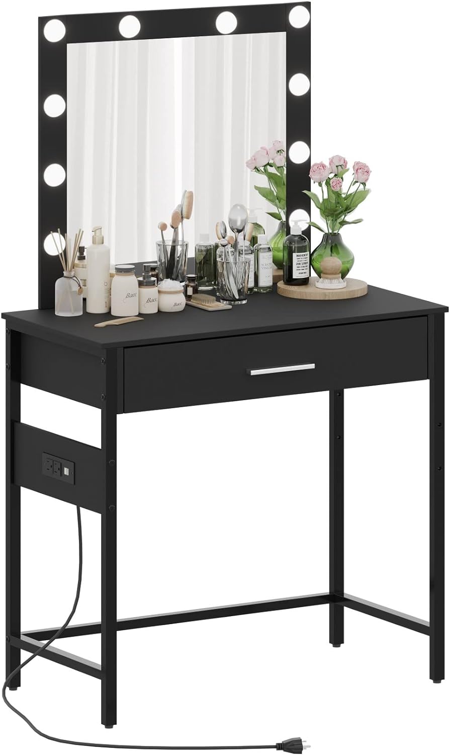 Irontar Makeup Vanity Table with Charging Station and USB Ports & Power Outlets, Bedroom Vanity Desk with Lights and Mirror for Girls, Women, Makeup Table with Drawer, Black WDT001HE