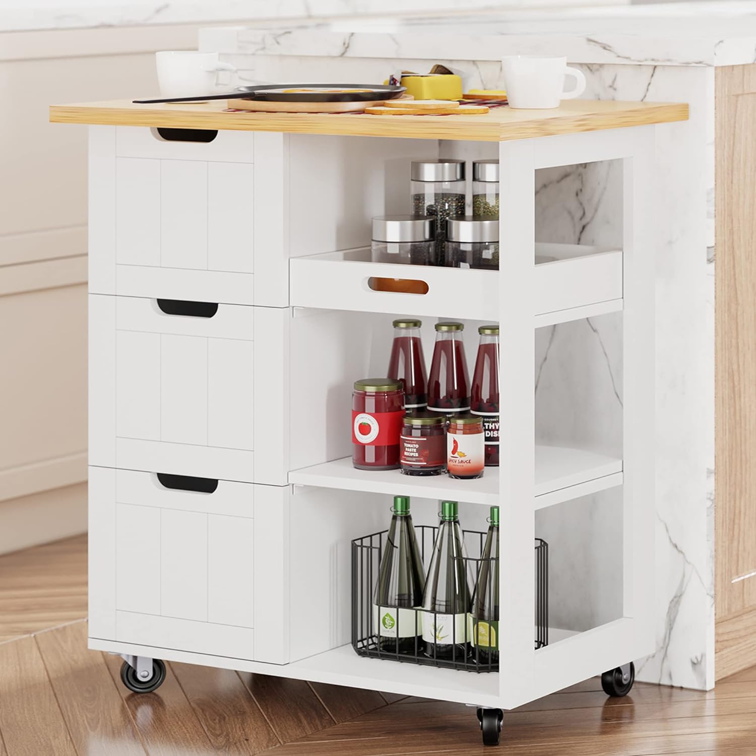 Shintenchi Kitchen Island Cart with Storage,Rolling Kitchen Island Storage Cabinet,Side Table on Wheels with Worktop,3 Open Shelves and 3 Drawers for Kitchen,Dinning Room, White