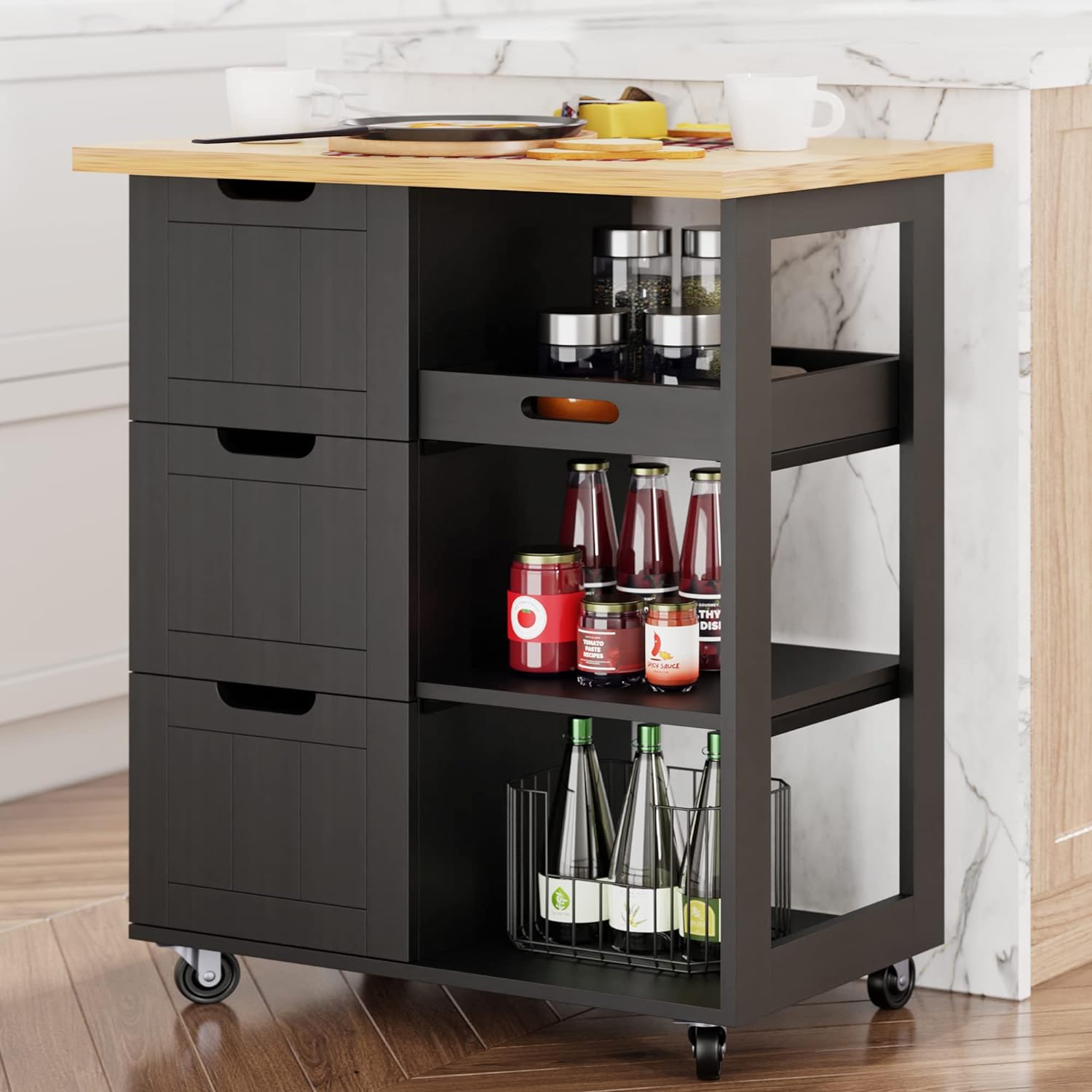 Shintenchi Kitchen Island Cart with Storage,Rolling Kitchen Island Storage Cabinet,Side Table on Wheels with Worktop,3 Open Shelves and 3 Drawers for Kitchen,Dinning Room, Black