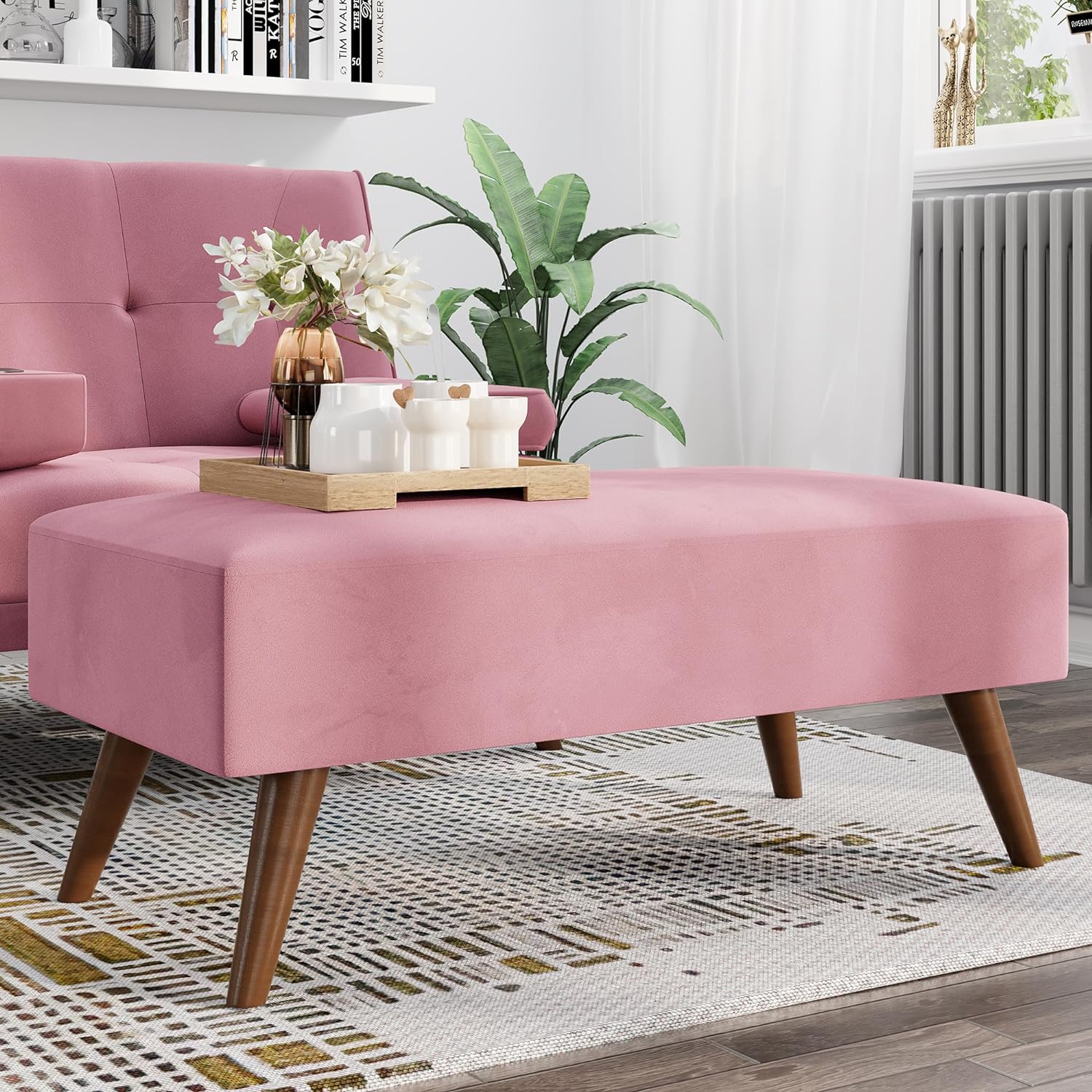 Shintenchi 35 Upholsterled Ottoman Bench, Velvet Fabric Footrest, Morden Small Padded Seat for Living Room, Bedroom, Entrance, Pink