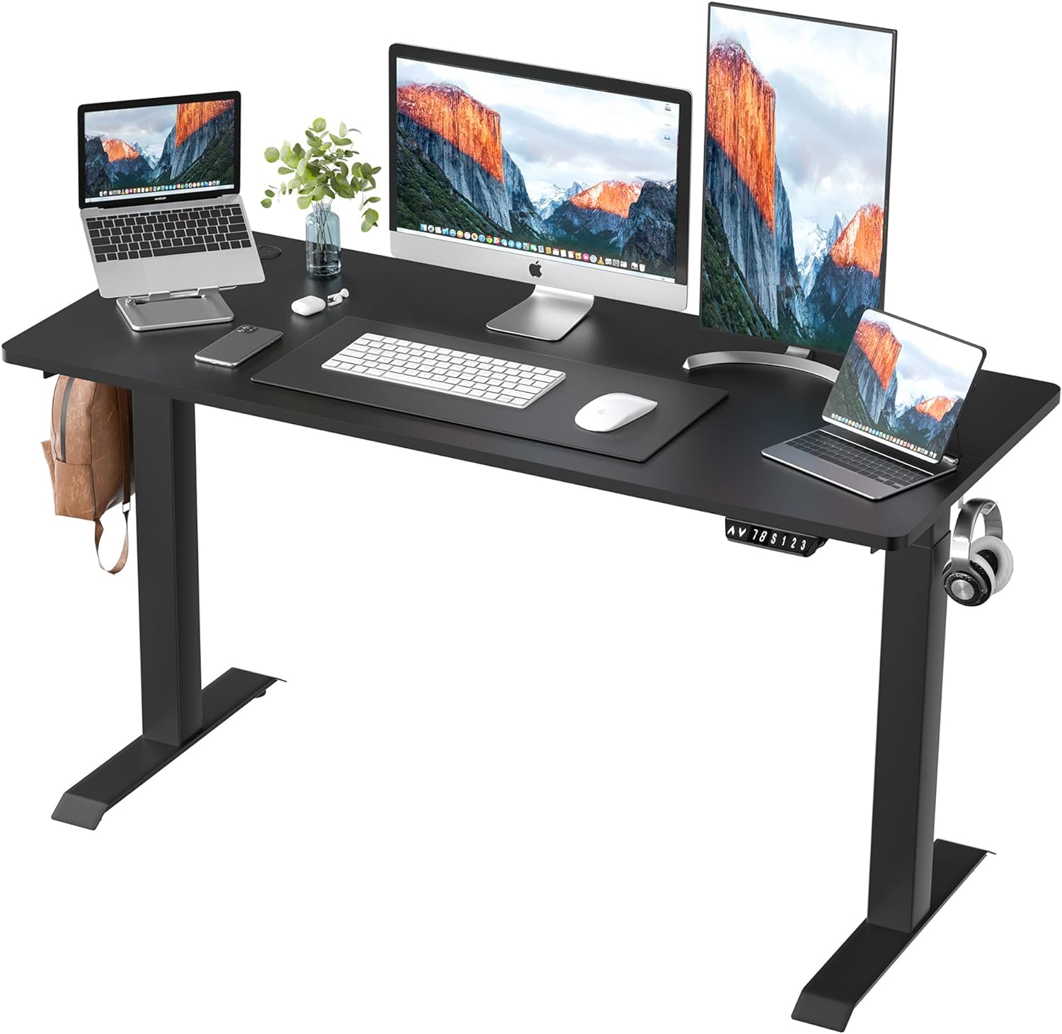 Shintenchi Electric Standing Desk, 55 x 24 Inch Height Adjustable Sit Stand Desk Morder Home Office Stand Up Desk Computer Work Station with Splice Board, (Black Frame + Black Top)