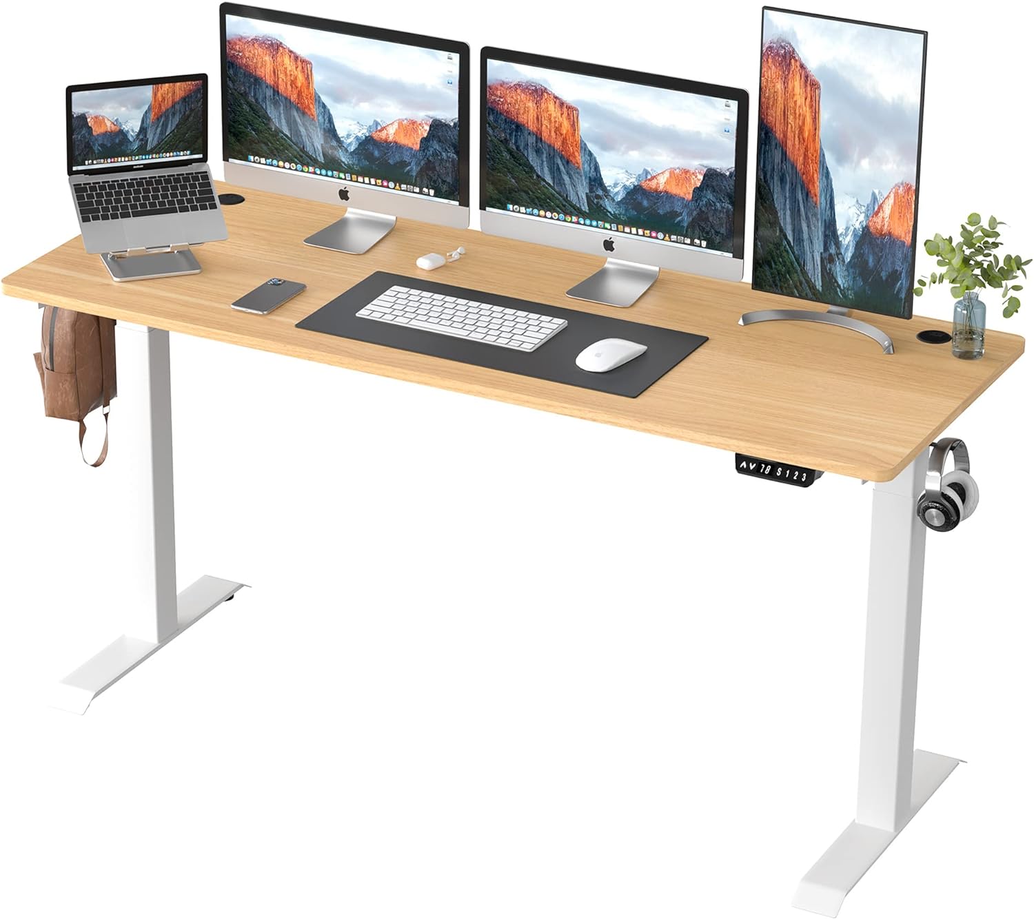 Shintenchi Electric Standing Desk, 63 x 24 Inch Height Adjustable Sit Stand Desk Morder Home Office Stand Up Desk Computer Work Station with Splice Board, (White Frame + Walnut Top)