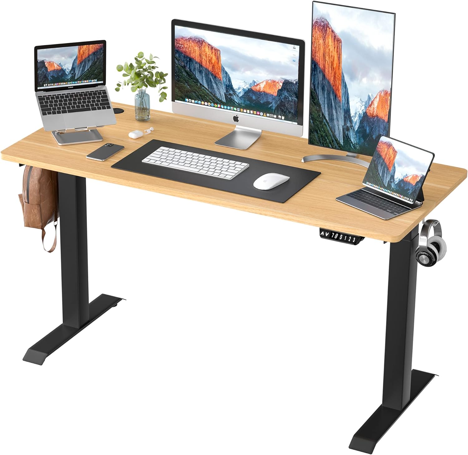 Shintenchi Electric Standing Desk, 55 x 24 Inch Height Adjustable Sit Stand Desk Morder Home Office Stand Up Desk Computer Work Station with Splice Board, (Black Frame + Walnut Top)