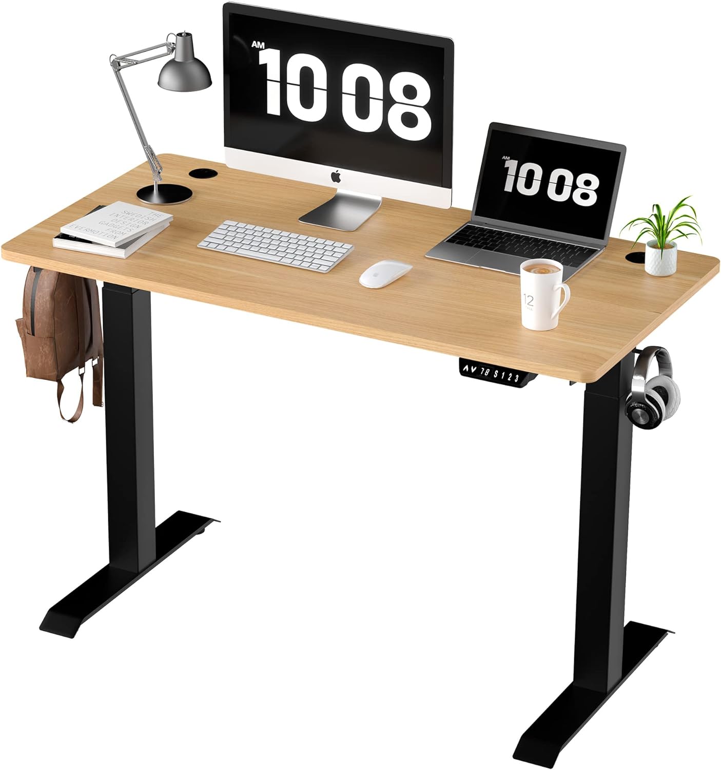 Shintenchi Electric Standing Desk, 48 x 24 Inch Height Adjustable Sit Stand Desk Morder Home Office Stand Up Desk Computer Work Station with Splice Board, (Black Frame + Walnut Top)