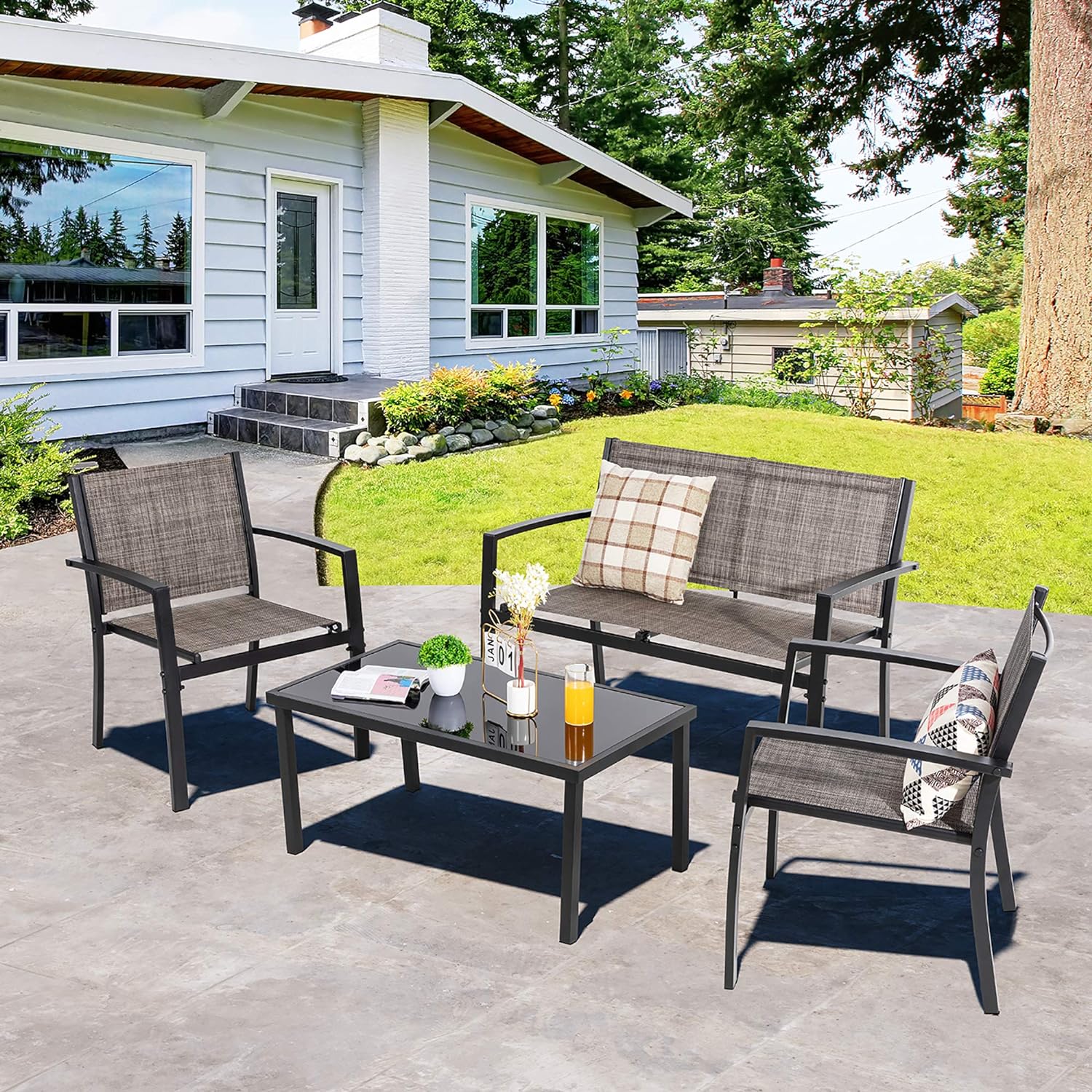 Shintenchi 4 Pieces Patio Furniture Set All Weather Textile Fabric Outdoor Conversation Set, with Glass Coffee Table, Loveseat, 2 Single Chairs for Home, Garden, Lawn, Porch (Brown