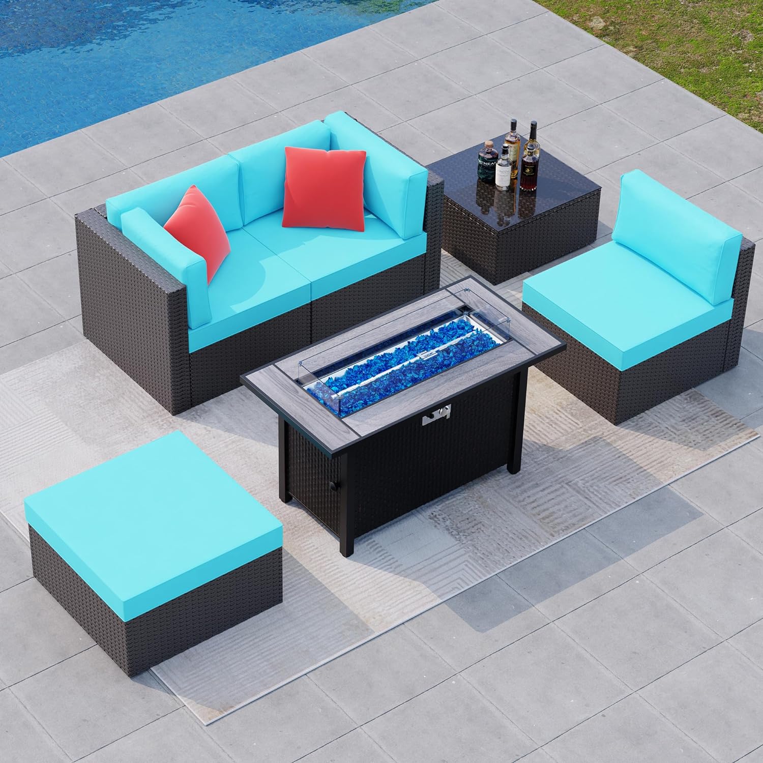 Shintenchi 6 Pieces Patio Furniture Sets w/Fire Pit Table, Outdoor Conversation Set w/50,000 BTU Steel Gas Fire Pit, Blue Patio Rattan Sectional Sofa Set w/Gray Top Fire Pit