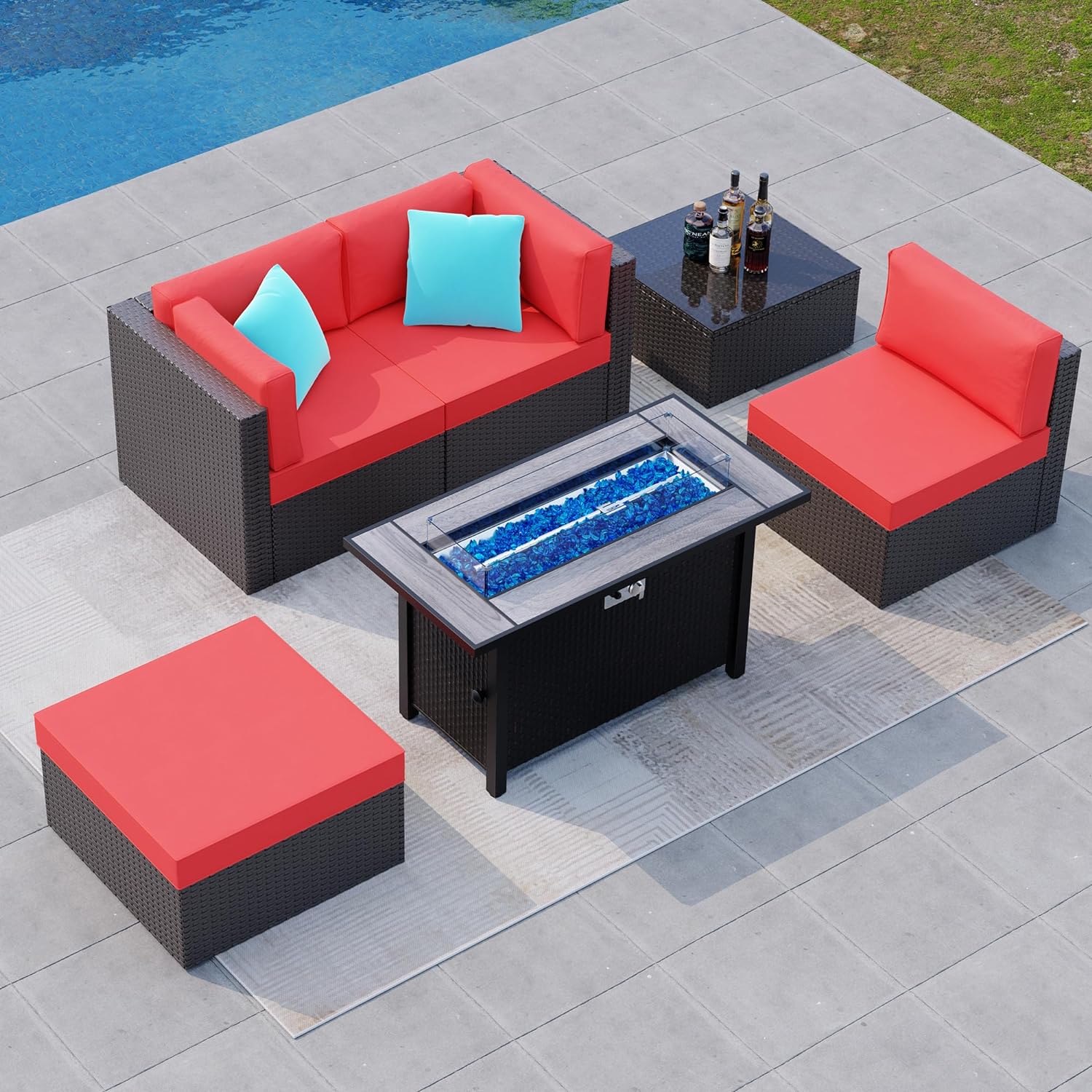 Shintenchi 6 Pieces Patio Furniture Sets w/Fire Pit Table, Outdoor Conversation Set w/50,000 BTU Steel Gas Fire Pit, Red Patio Rattan Sectional Sofa Set w/Gray Top Fire Pit