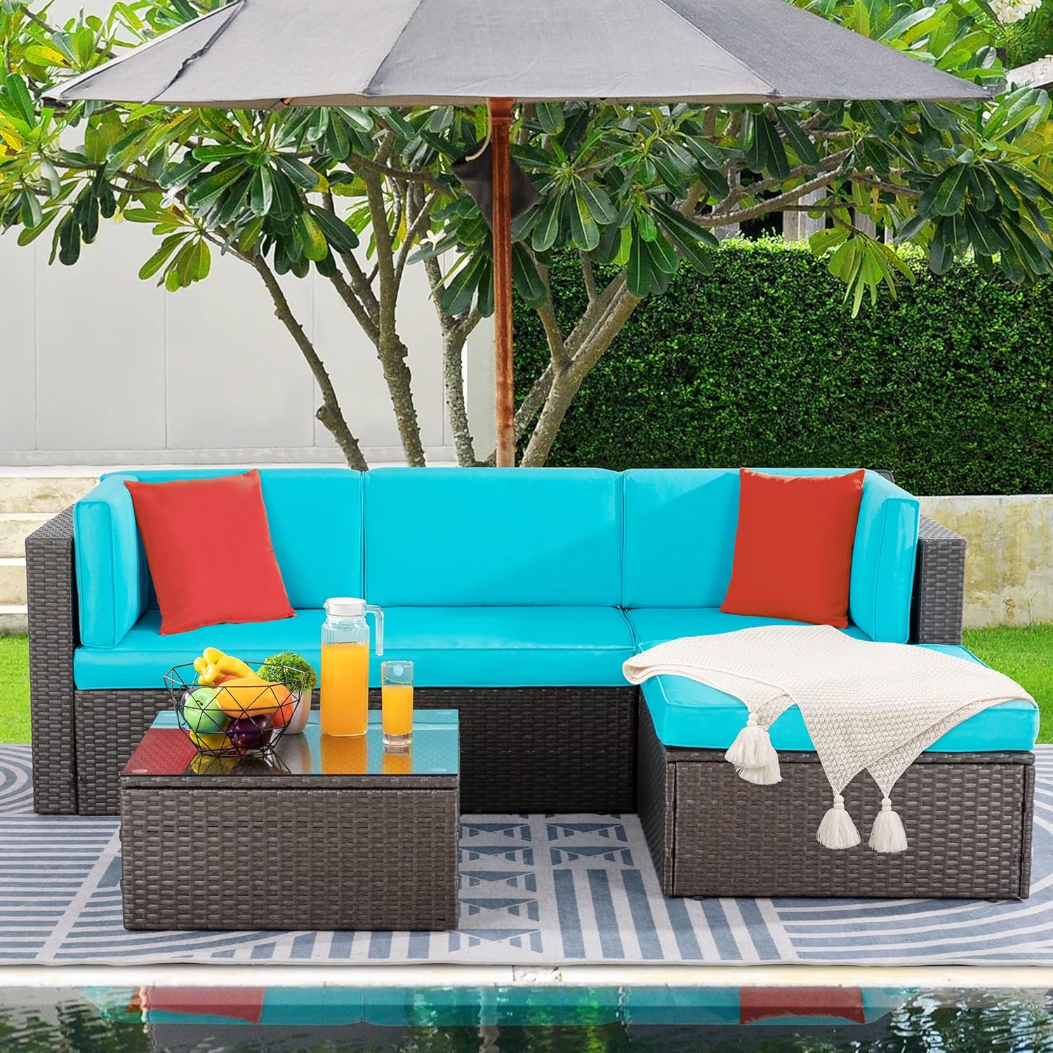 Shintenchi 5 Pieces Patio Furniture Sets Outdoor All-Weather Sectional Patio Sofa Set PE Rattan Manual Weaving Wicker Patio Conversation Set with Glass Table&Ottoman Cushion and Red Pillows, Blue