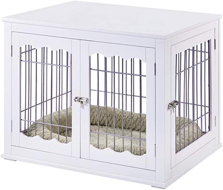 unipaws Furniture Style White Dog Crate for Medium Dogs, Indoor Aesthetic Puppy Kennel, Modern Decorative Wood Wire Pet House Dog Cage, Pretty Cute End Side Table Nightstand