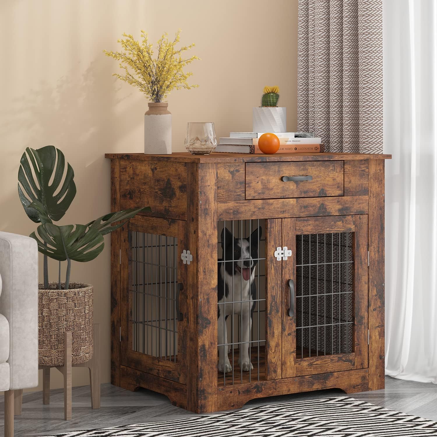 IchbinGo Wooden Furniture Style Dog Crate End Table, Double Doors Dog Kennel with Drawer, Rustic Style Decorative Dog House Cage Indoor Use, Easy Installation