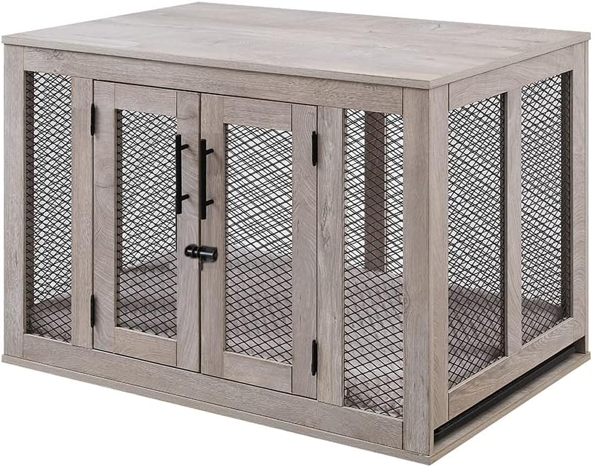 unipaws Furniture Dog Crate with Tray for Medium Dogs, Indoor Aesthetic Puppy Kennel Pet House Dog Cage with Door, Modern Decorative Wood Pretty Cute Fancy End Side Table Nightstand, Grey