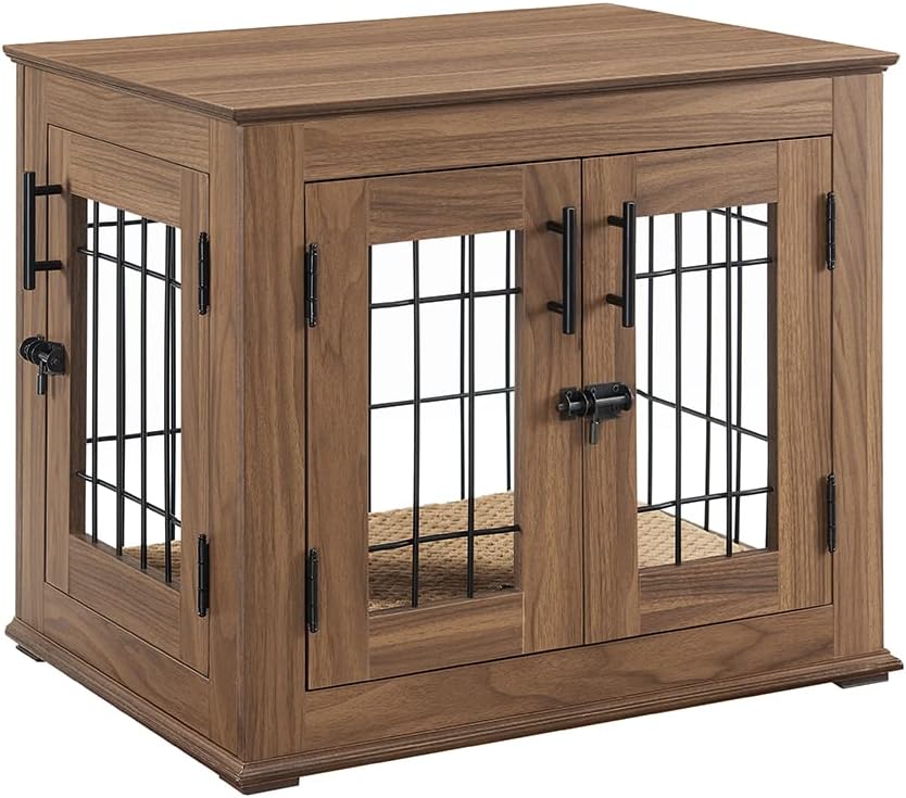 Furniture Style Dog Crate End Table, Wooden Wire Dog Kennel Double Doors with Pet Bed, Decorative Pet Crate Puppy Crate House Indoor for Small Dogs