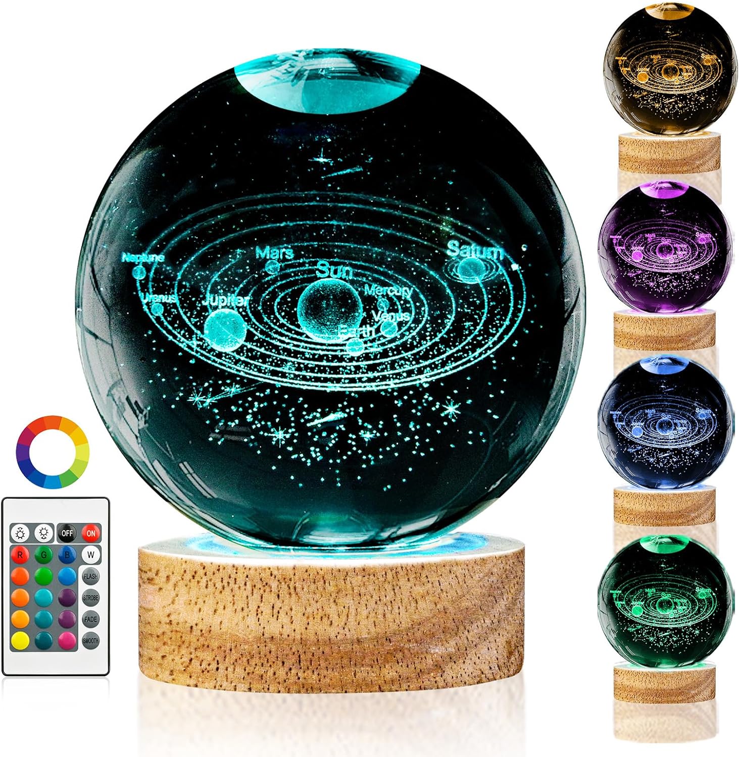 3D Solar System Crystal Ball Night Light with 16 Color Wooden LED Base Upgraded 3.15 In Galaxy Planets Ball Lamp with Remote for Birthday Christmas, Astronomy Space Gifts for Boys Girls Kids