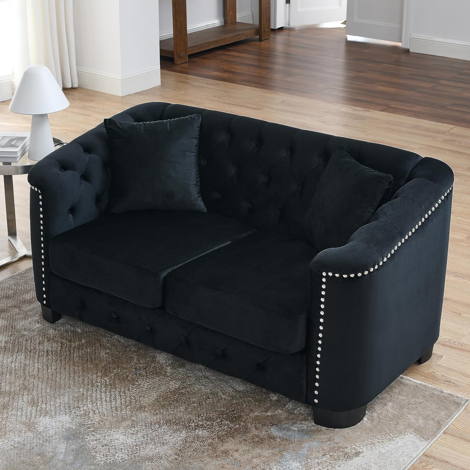 WILLIAMSPACE 59 Velvet Loveseat Sofa Couch for Living Room, Modern Chesterfield Sofa 2-Seater Couch, Upholstered Tufted Backrests with Nailhead Arms and 2 Cushions for Apartment Office (Black)