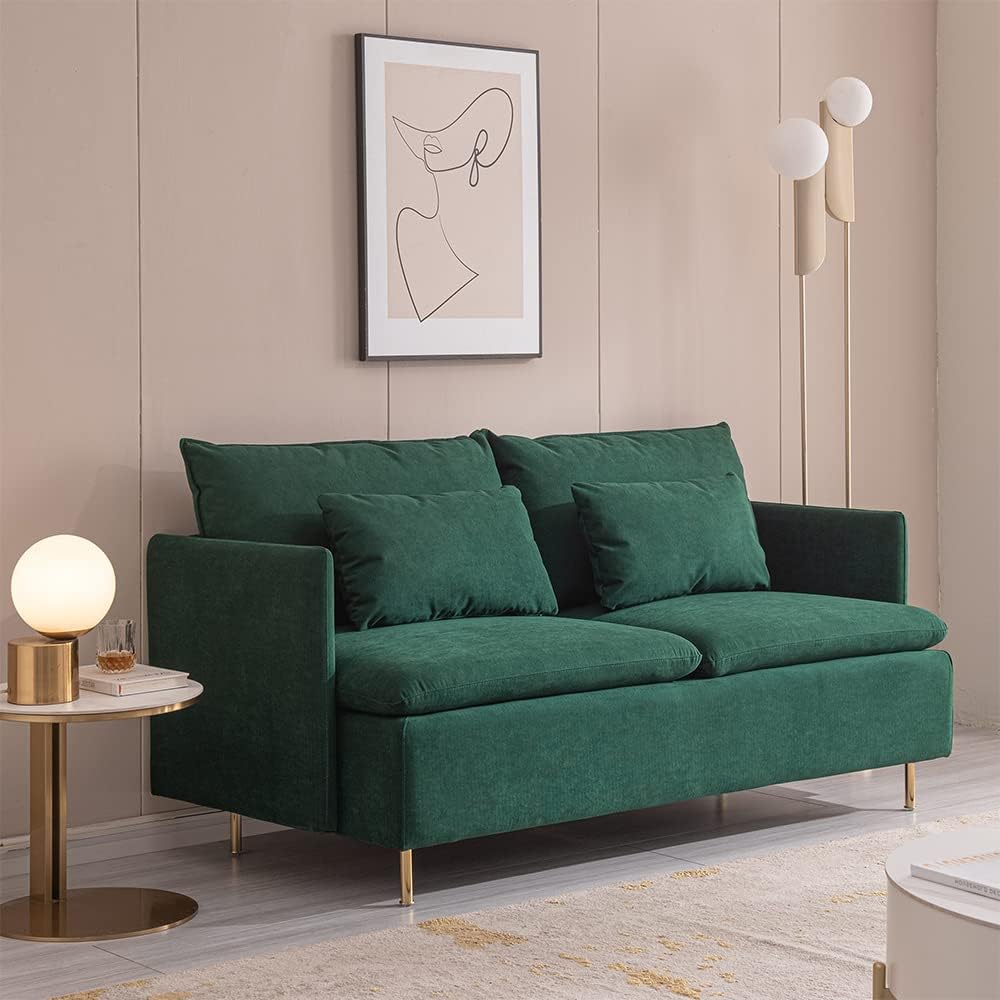 WILLIAMSPACE 63.8 Loveseat Sofa Couch, Modern 2 Seater Upholstered Couch with Gold Legs, Comfortable Cotton Linen Love Seat Sofa with 2 Pillows for Living Room, Bedroom(Green)