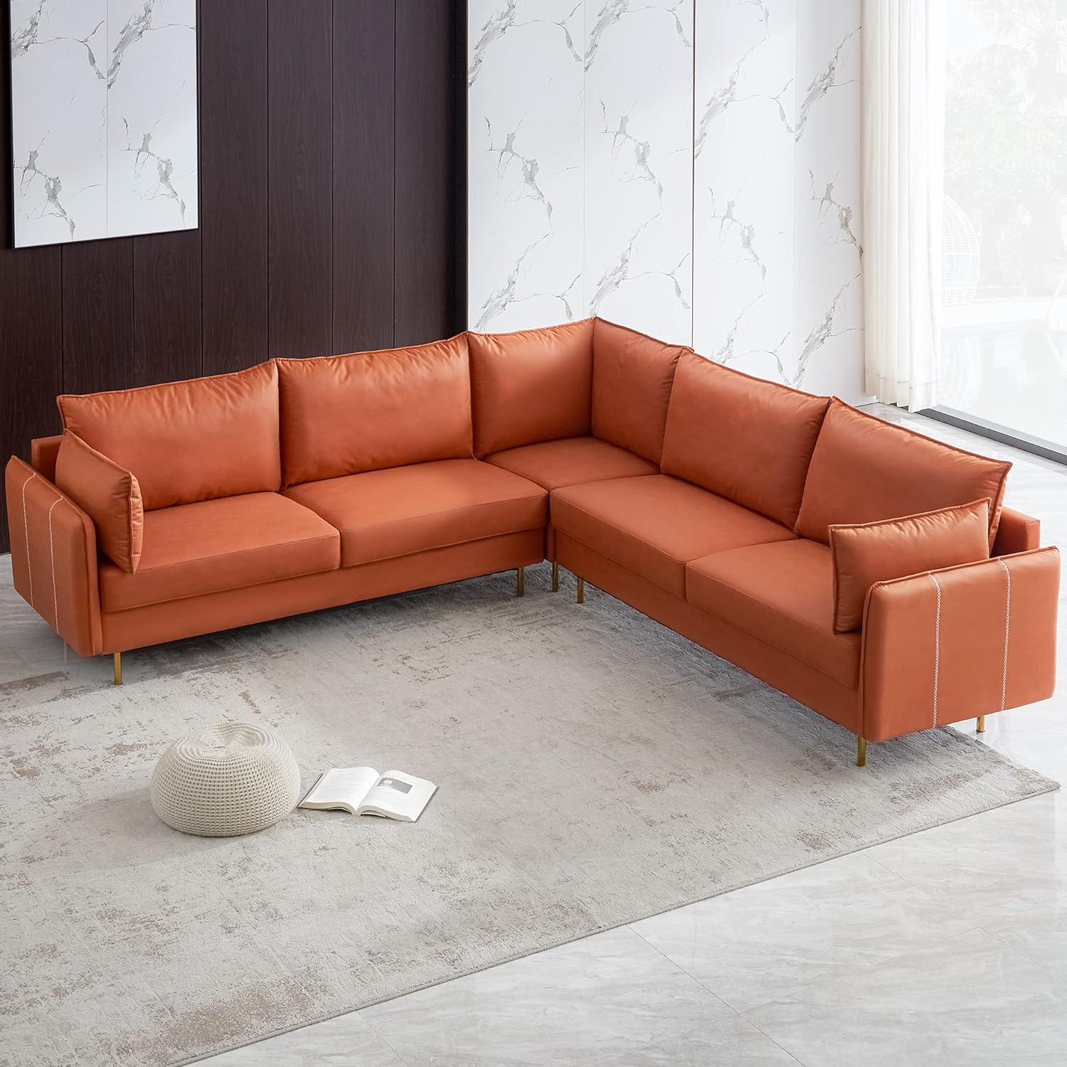 WILLIAMSPACE 92.5'' Leather Sectional Sofa Couch for Living Room, Modern Luxury Corner Sofa L-Shape Couch for Apartment Office Studio, Gold Metal Legs - Technical Leather, Orange