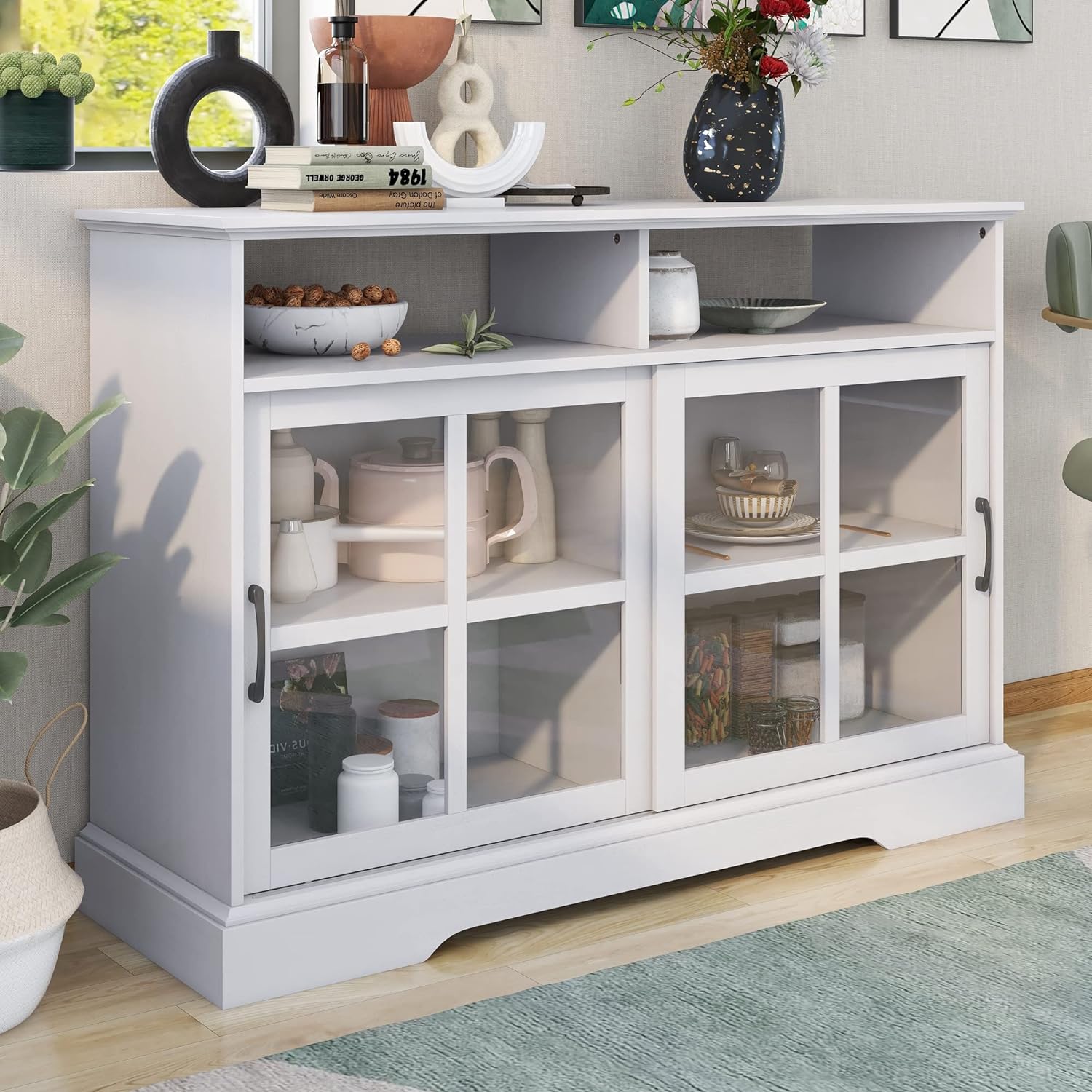 WILLIAMSPACE 47.6 Sideboard Buffet Cabinet, Modern Kitchen Sideboard Buffet with 2 Glass Sliding Doors and Adjustable Shelves Storage Cabinet for Dining Room - Antique White