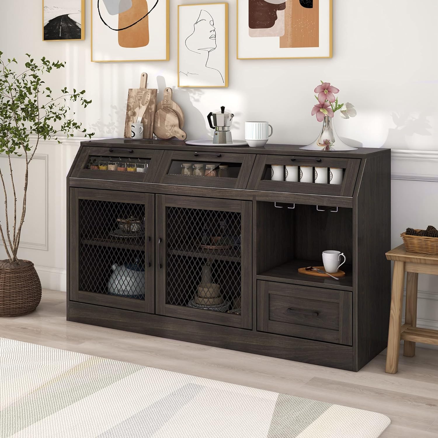 WILLIAMSPACE 54 Sideboard Buffet Cabinet, Kitchen Sideboard Multifunctional Buffet Cabinet with 4 Drawers, Mesh Metal Doors with Adjustable Shelves and Wineglass Holders - Espresso
