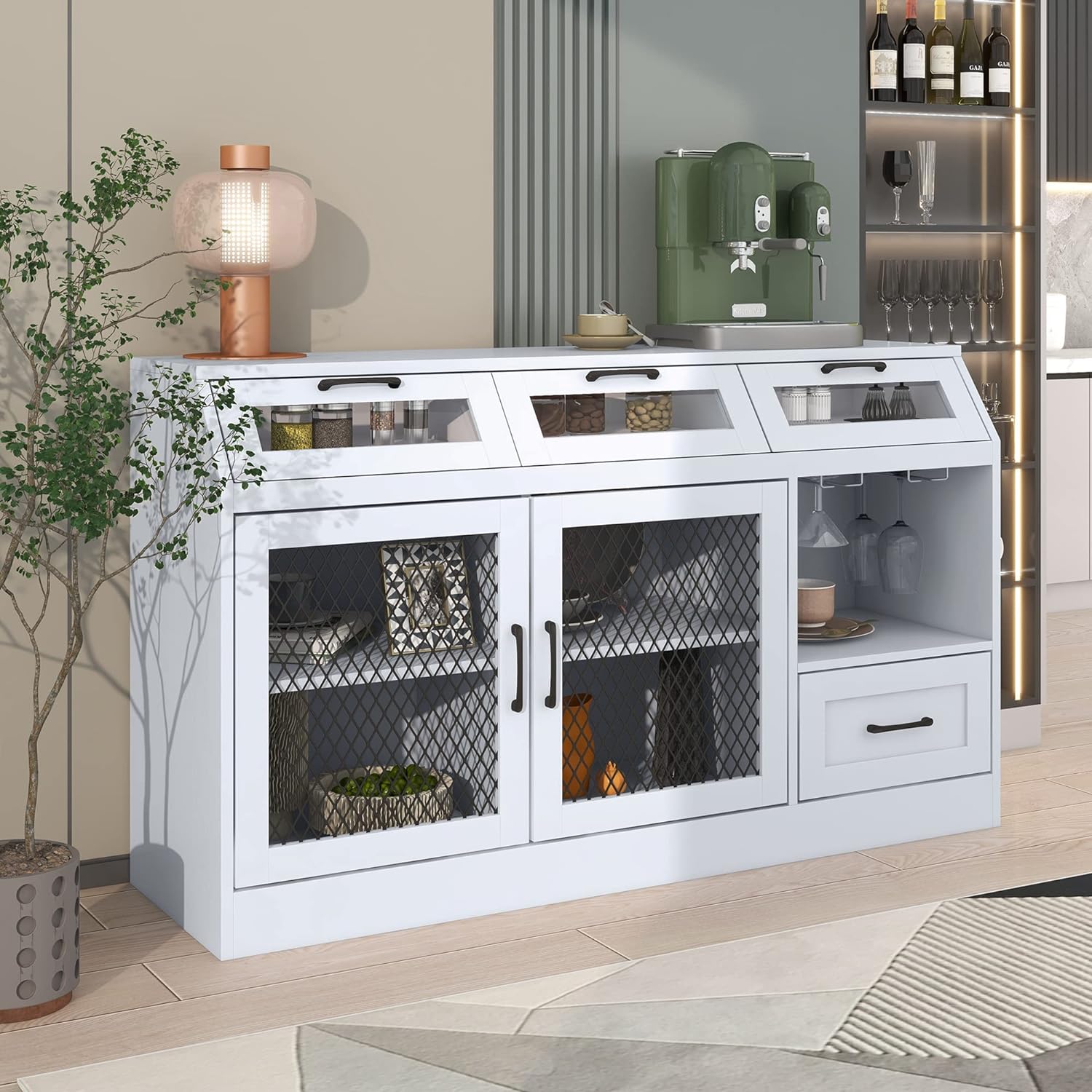 WILLIAMSPACE 54 Sideboard Buffet Cabinet, Kitchen Sideboard Multifunctional Buffet Cabinet with 4 Drawers, Mesh Metal Doors with Adjustable Shelves and Wineglass Holders - White