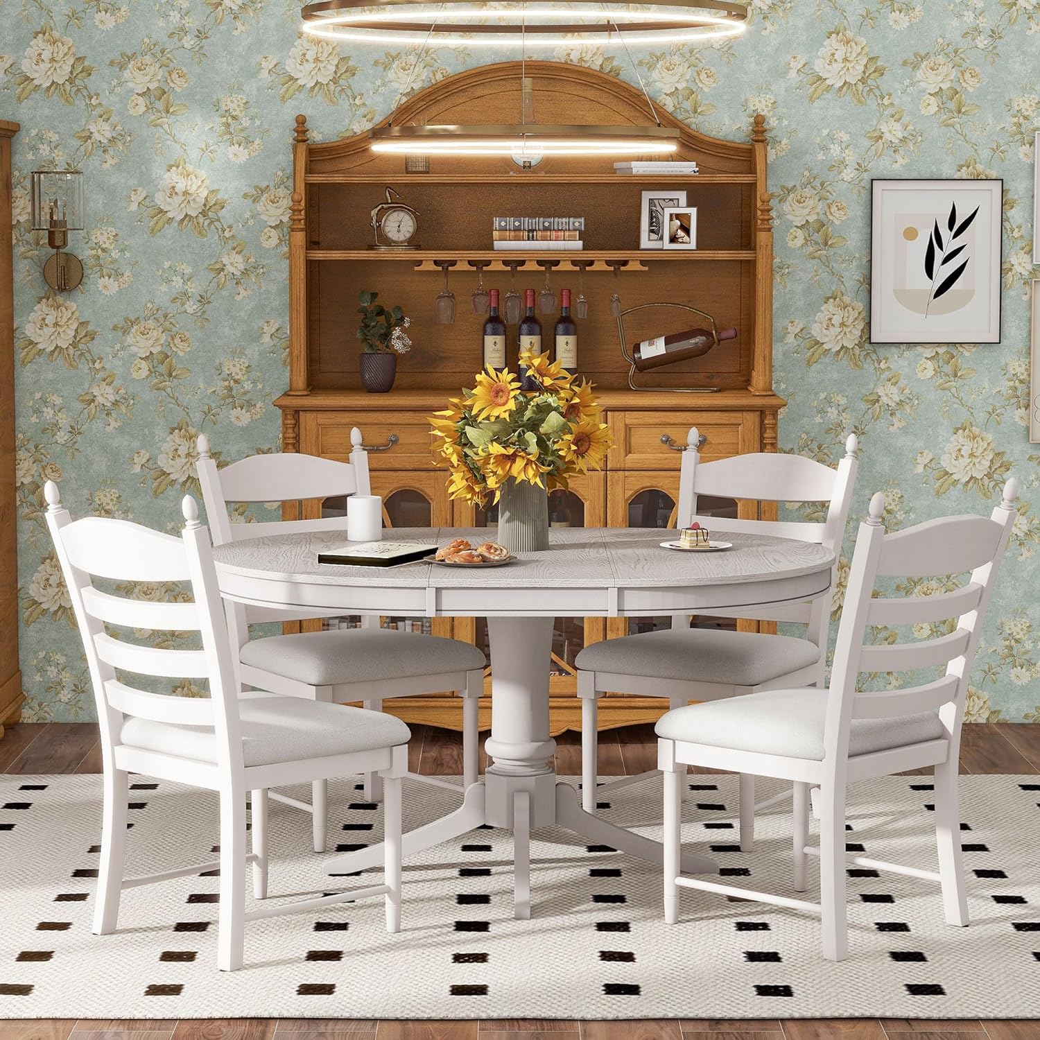 WILLIAMSPACE 5-Piece Extendable Dining Table Set, Farmhouse Wood Round Oval Dining Table with 4 Upholstered Dining Chairs, Up to 58 Kitchen Set for Dining Room Living Room (Antique White)