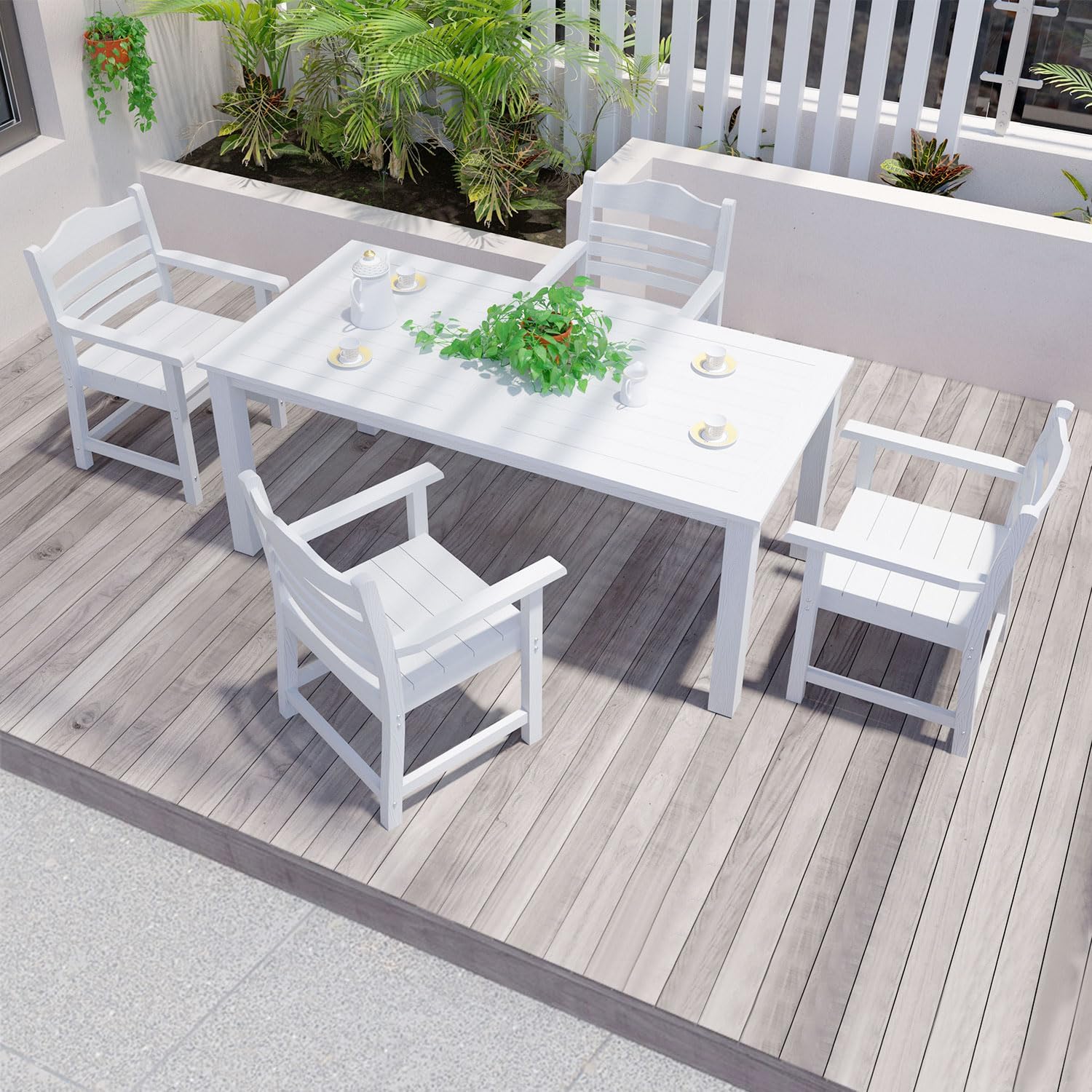 WILLIAMSPACE 5 Piece Patio Dining Set, 70 Rectangular All Weather Dining Table, 4 Dining Chairs with Arms and Back, Outdoor Dining Table Set of 5, Ideal for Outdoors and Indoors (White)
