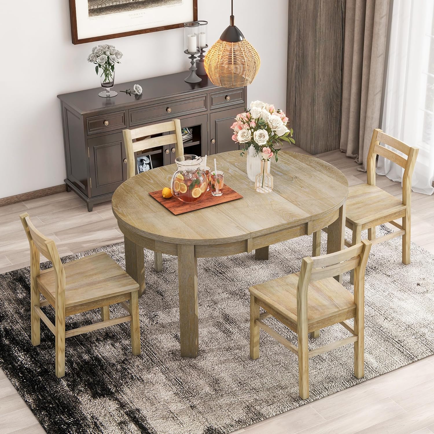 WILLIAMSPACE 5-Piece Extendable Round Dining Table Set, Farmhouse Wood Dining Table with Storage Drawers and 4 Dining Chairs, 16 Removable Leaf, Kitchen Set for Dining Room (Natural)
