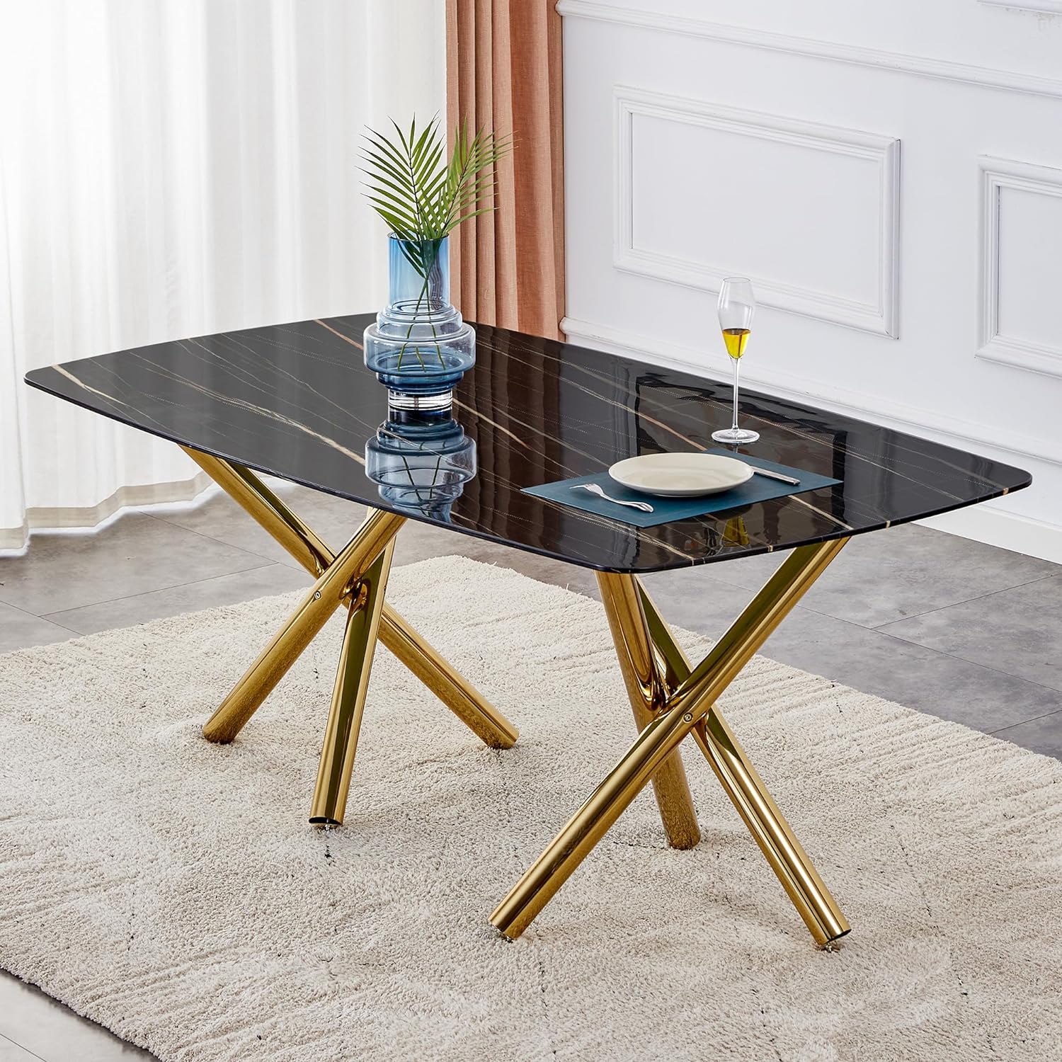 WILLIAMSPACE 70.9 Glass Dining Table with Imitation Marble Desktop and Golden Metal Legs, Modern Kitchen Dining Table for 6-8 Person, Rectangular Dining Table for Dining Room Living Room - Black