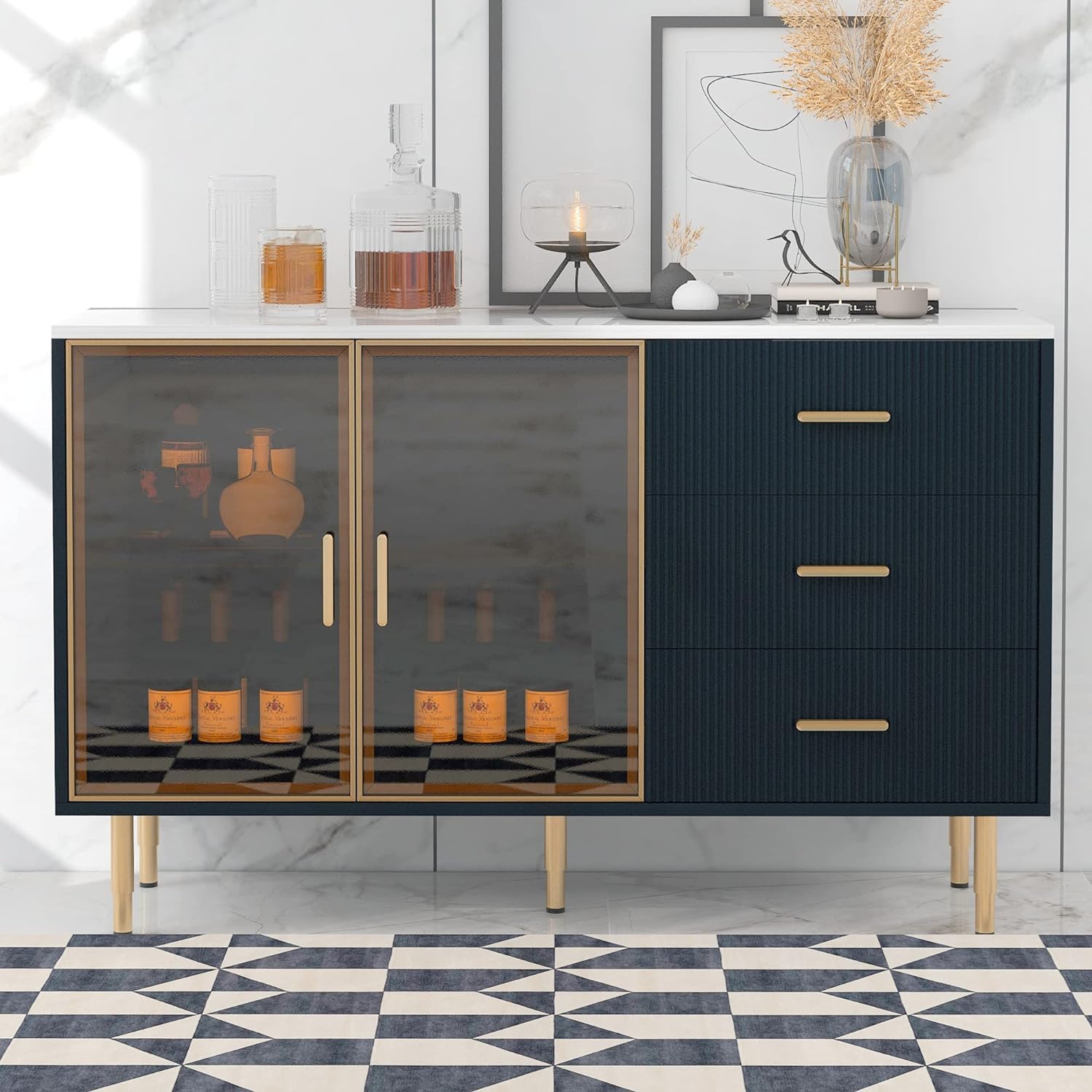 WILLIAMSPACE 60 Sideboard Buffet Cabinet, Mid-Century Modern Cabinet with Marble Sticker Tabletop and Amber-Yellow Tempered Glass Doors, Storage Cabinet with Gold Metal Legs & Handles - Navy Blue
