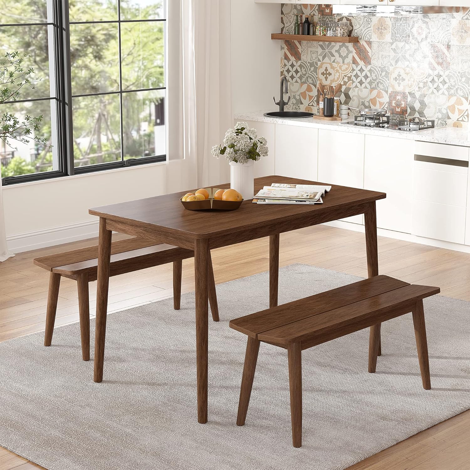 WILLIAMSPACE Dining Table Set for 4, 3-Piece Wooden Dining Table Set, Kitchen Furniture Modern Table with Spacious Tabletop, 2 Benches for Kitchen Dining Room (Walnut)